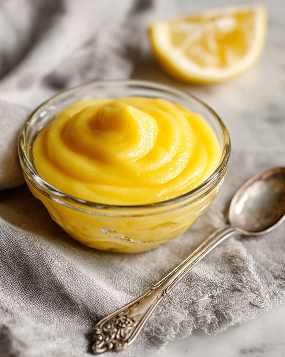 A small white bowl holds a smooth, thick layer of bright yellow creamy lemon curd, swirled gently on the top to show its glossy texture. Next to the bowl is an old silver spoon with ornate handles resting on a light gray cloth. In the background, a slice of lemon lays on a surface with a white marbled texture. The scene is softly lit to highlight the shiny curd and the gentle folds of the cloth. Photo taken with an iphone --ar 4:5 --v 7
