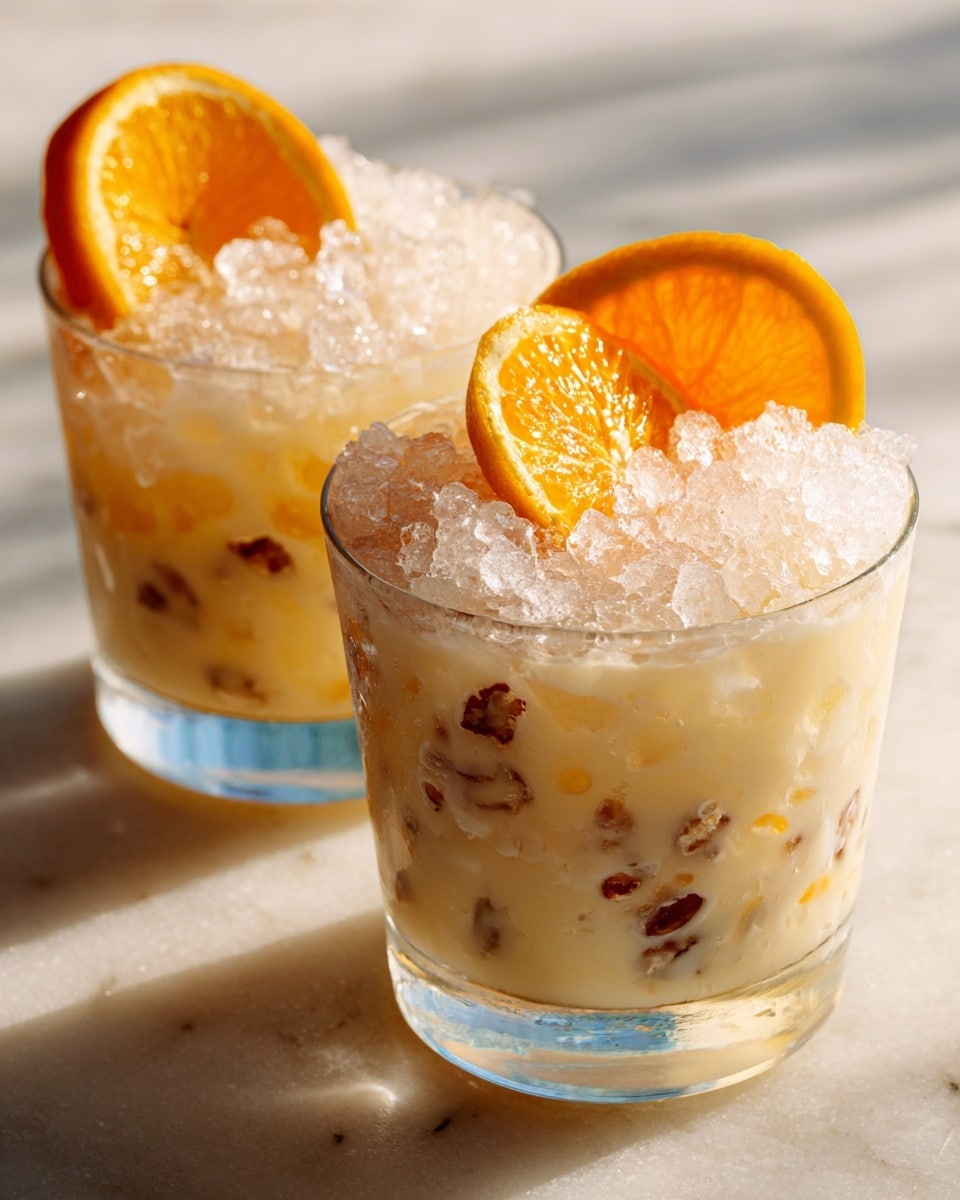 Two clear glasses filled with a creamy, pale yellow drink with small brown pieces evenly mixed throughout. Each glass has a heap of crushed ice on top that looks slightly pinkish from the light, and there is a bright orange slice placed on the rim of each glass. The background is a white marbled surface, giving a clean and fresh look. photo taken with an iphone --ar 4:5 --v 7