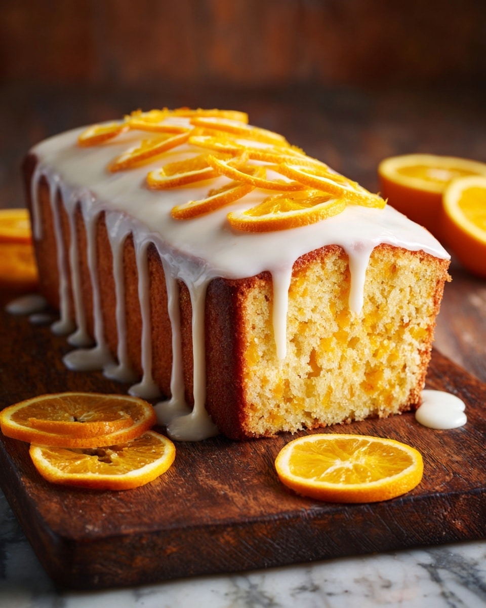 A rectangular orange cake loaf is shown with one side sliced to reveal its soft, light yellow crumb with tiny orange specks. On top, there is a thick layer of white icing that drips slightly down the sides. The icing is decorated with thin, bright orange spiral slices laid flat across the top in a neat row. The cake is placed on a dark wooden board, which sits on a white marbled surface. Around the cake, there are fresh orange slices visible, adding a vibrant contrast. Photo taken with an iphone --ar 4:5 --v 7
