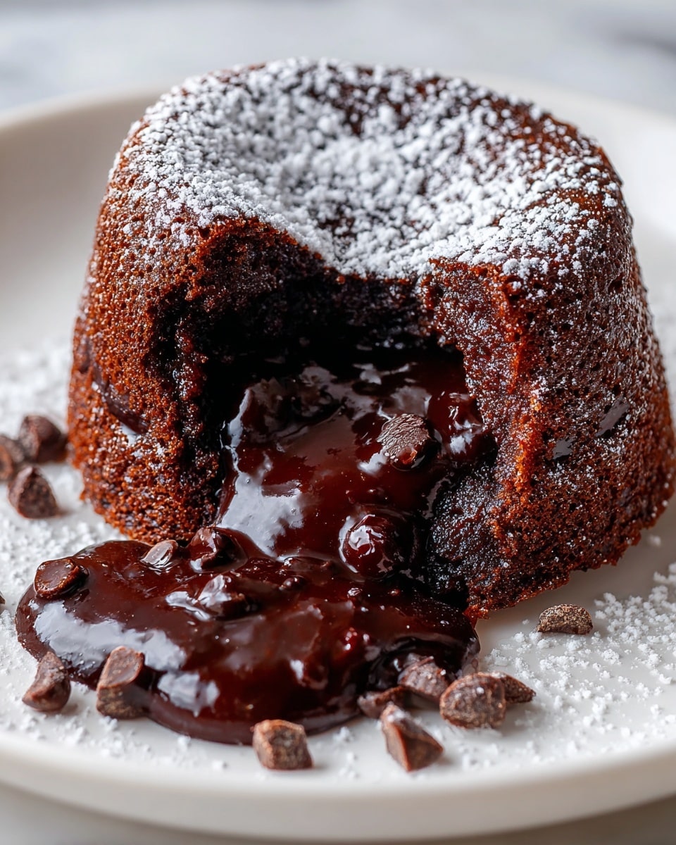 The image shows a chocolate lava cake on a white plate with powdered sugar dusted over the top and around the plate. The cake has a textured, deep brown outer layer that looks soft and moist. The top of the cake is slightly indented, with a cut revealing thick, glossy, dark chocolate sauce mixed with small chocolate chunks flowing out onto the plate. The surface beneath the plate is a white marbled texture. photo taken with an iphone --ar 4:5 --v 7