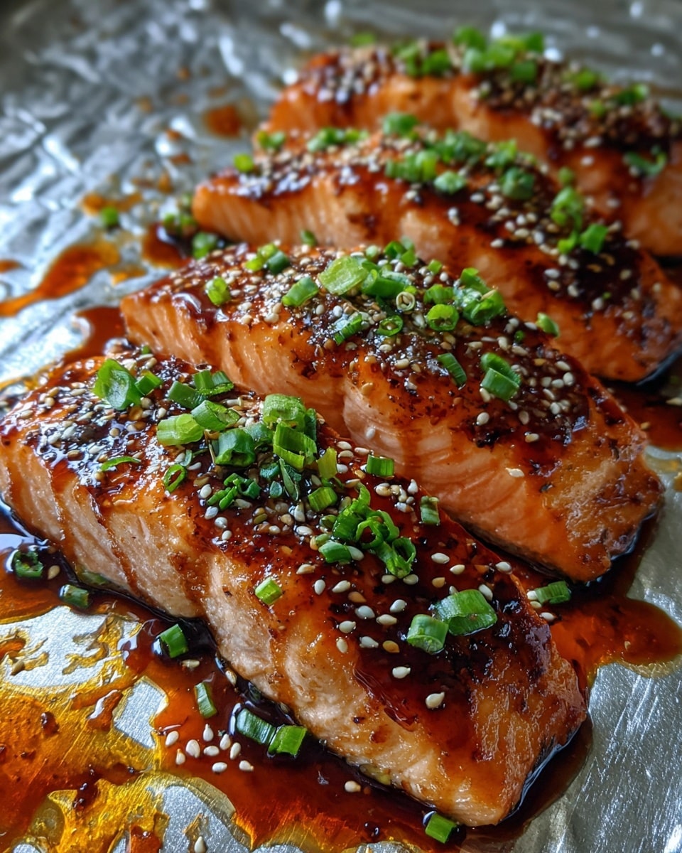 The image shows four thick salmon fillets arranged side by side, each coated with a shiny, sticky glaze of dark brown sauce that glistens under the light. The salmon layers are light pink with a grilled texture, topped with a drizzle of sauce that adds a glossy amber layer. Scattered on top are small, white sesame seeds and bright green chopped scallions, adding color contrast and texture. The salmon rests on a shiny, crinkled silver surface that reflects some of the sauce’s orange oil. photo taken with an iphone --ar 4:5 --v 7