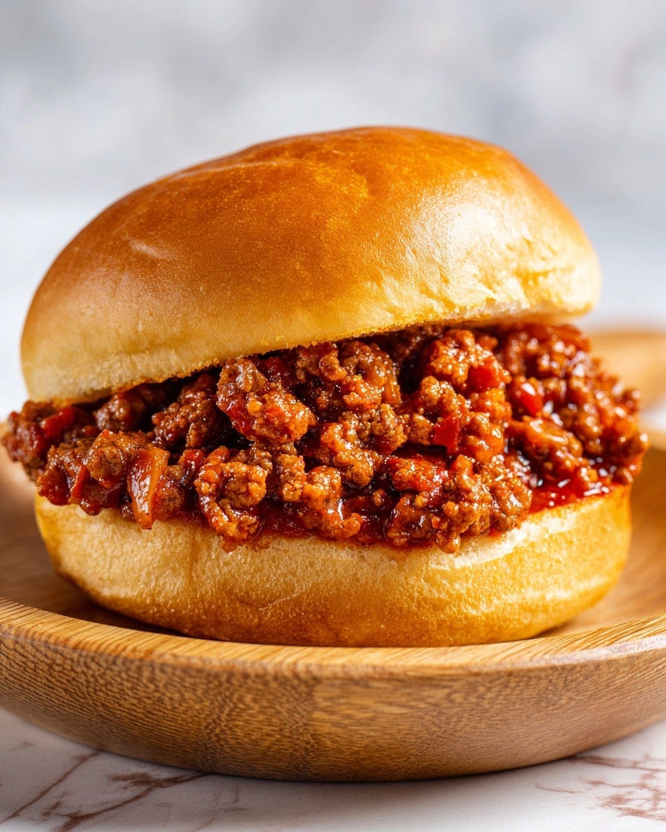 The image shows a close-up of a sloppy joe sandwich with two soft, shiny, golden-brown bun halves. The bottom bun holds a thick layer of saucy, minced ground meat mixed with a rich reddish-brown tomato sauce that looks juicy and chunky with small bits of vegetables. The top bun slightly presses down on the meat mixture, making the sandwich look full and messy. The sandwich sits on a white bowl with a natural wooden texture, and the background has a white marbled surface. photo taken with an iphone --ar 4:5 --v 7