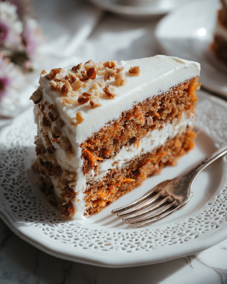 A two-layer slice of carrot cake with light brown and moist-looking cake layers containing visible bits of carrot and nuts sits on a white plate with a lace-like edge detail. Between and covering the cake layers is a thick, creamy white frosting. The right side of the slice has small chopped nuts sprinkled onto the frosting. A silver fork is partly visible next to the slice on the plate. The plate rests on a white marbled surface. Photo taken with an iphone --ar 4:5 --v 7