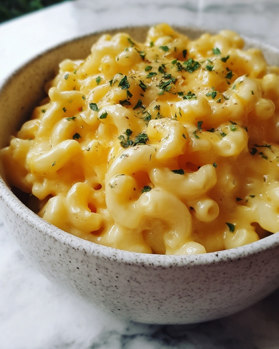 A close-up top view of a white oval dish filled with creamy macaroni and cheese, showing one layer of elbow pasta thoroughly mixed with melted pale yellow cheese sauce. The dish is sprinkled evenly with small bits of green herbs on top, adding a contrast of color. The white oval dish rests on a white marbled surface, enhancing the warm tones of the macaroni. Photo taken with an iphone --ar 4:5 --v 7