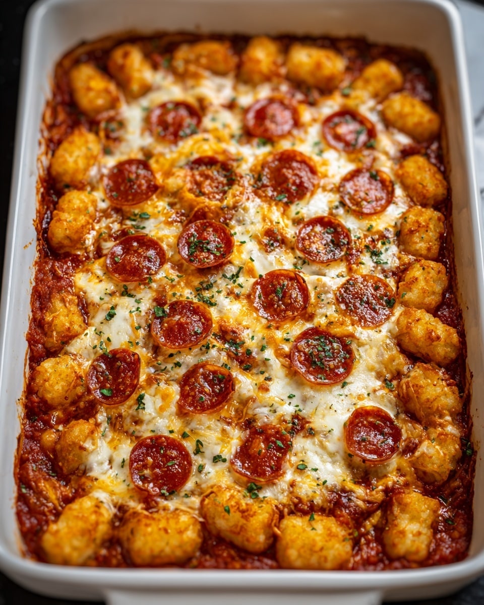 A white rectangular baking dish filled with a layered tater tot casserole sits on a white marbled surface. The bottom layer consists of browned tater tots arranged tightly around the edges, golden and crispy. Inside, a thick layer of melted white and yellow cheese blends with shredded cooked meat, covered by a rich red tomato sauce. On top, even slices of shiny, reddish-brown pepperoni are scattered, with a light sprinkle of green herbs adding color. The cheese is gooey and browned in spots, showing a hot, fresh bake. Photo taken with an iphone --ar 4:5 --v 7
