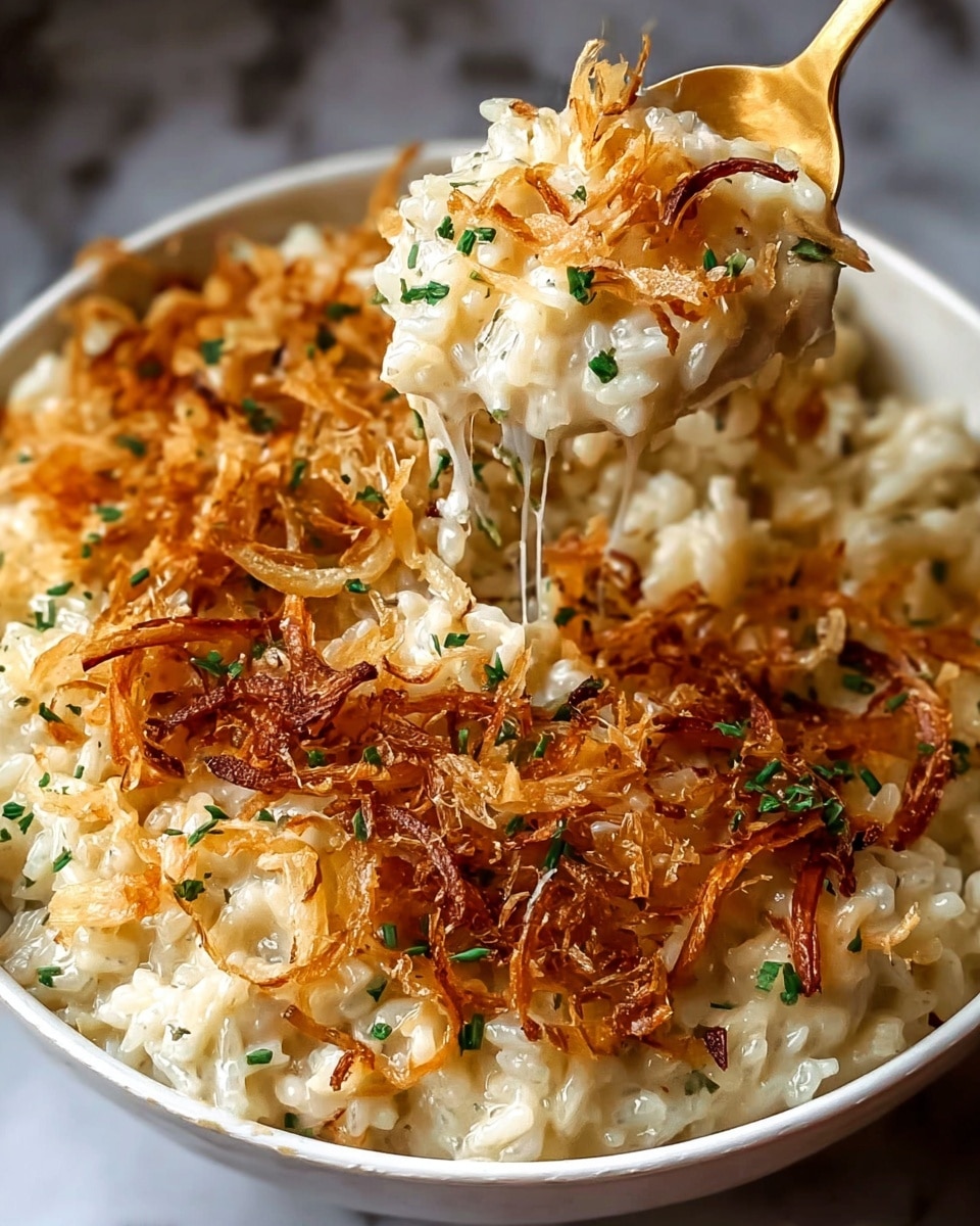 A creamy baked dish with two visible layers is shown in a white bowl on a white marbled surface. The bottom layer consists of a soft, cheesy mixture with small bits of herbs, creamy white and smooth in texture. The top layer is golden brown, made of crispy fried onions spread evenly across the surface. A gold-colored spoon lifts a portion, revealing stretchy melted cheese strands connecting the spoonful to the rest of the dish. The crispy onions add a crunchy contrast to the soft, gooey cheese mixture beneath. Photo taken with an iphone --ar 4:5 --v 7