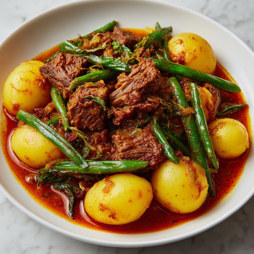 A white plate holds a dish with three main layers: the base consists of small yellow potatoes, some with a shiny, cooked skin texture; on top of them are long, bright green beans, fresh and tender-looking; scattered throughout are pieces of dark brown minced meat mixed with a rich reddish-brown sauce that coats the potatoes and green beans, giving the dish a glossy finish. The background is a white marbled surface. Photo taken with an iphone --ar 4:5 --v 7