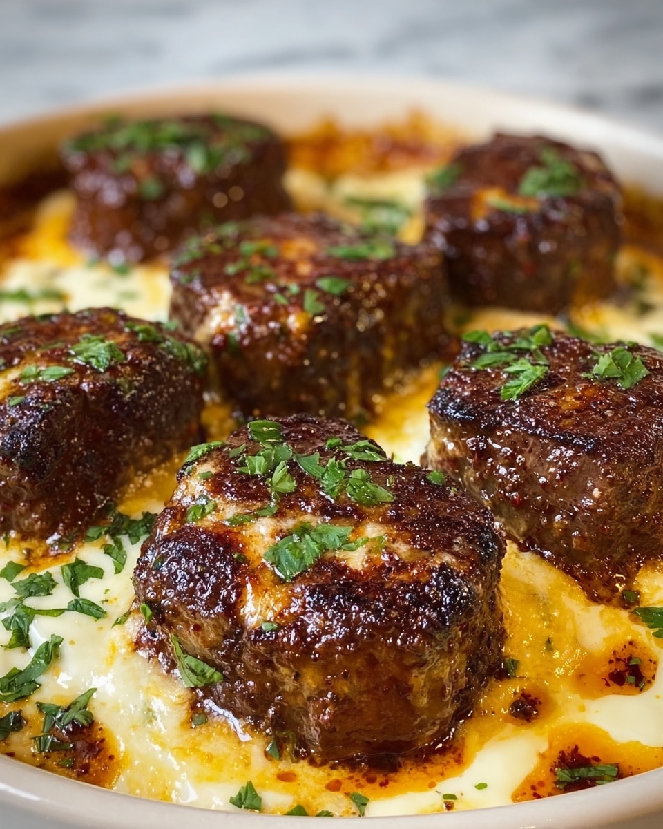 The image shows six thick, round meat patties with a dark brown, crispy, and slightly charred crust on top, sitting in a creamy, white cheese sauce that is melting and bubbling around them. The cheese sauce has browned spots where it has been baked or broiled, creating a textured golden layer beneath the patties. Fresh green parsley leaves are scattered on top of the meat and sauce, adding a pop of color. All of this is served in a white dish against a white marbled textured surface. Photo taken with an iphone --ar 4:5 --v 7