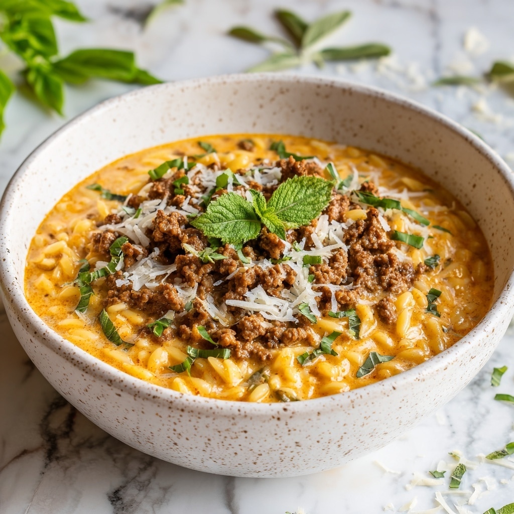 The image shows a bowl filled with a creamy pasta dish that has about three visible layers. The base layer consists of creamy orange sauce mixed with small, light yellow pasta pieces shaped like short grains. On top, there are small chunks of browned ground meat spread evenly across the dish. This is garnished with a sprinkling of shredded white cheese and small bright green herb leaves mostly gathered in the center. The bowl is white with small brown speckles. The background has a white marbled texture with some green herb leaves and bits of grated cheese scattered around. Photo taken with an iphone --ar 4:5 --v 7