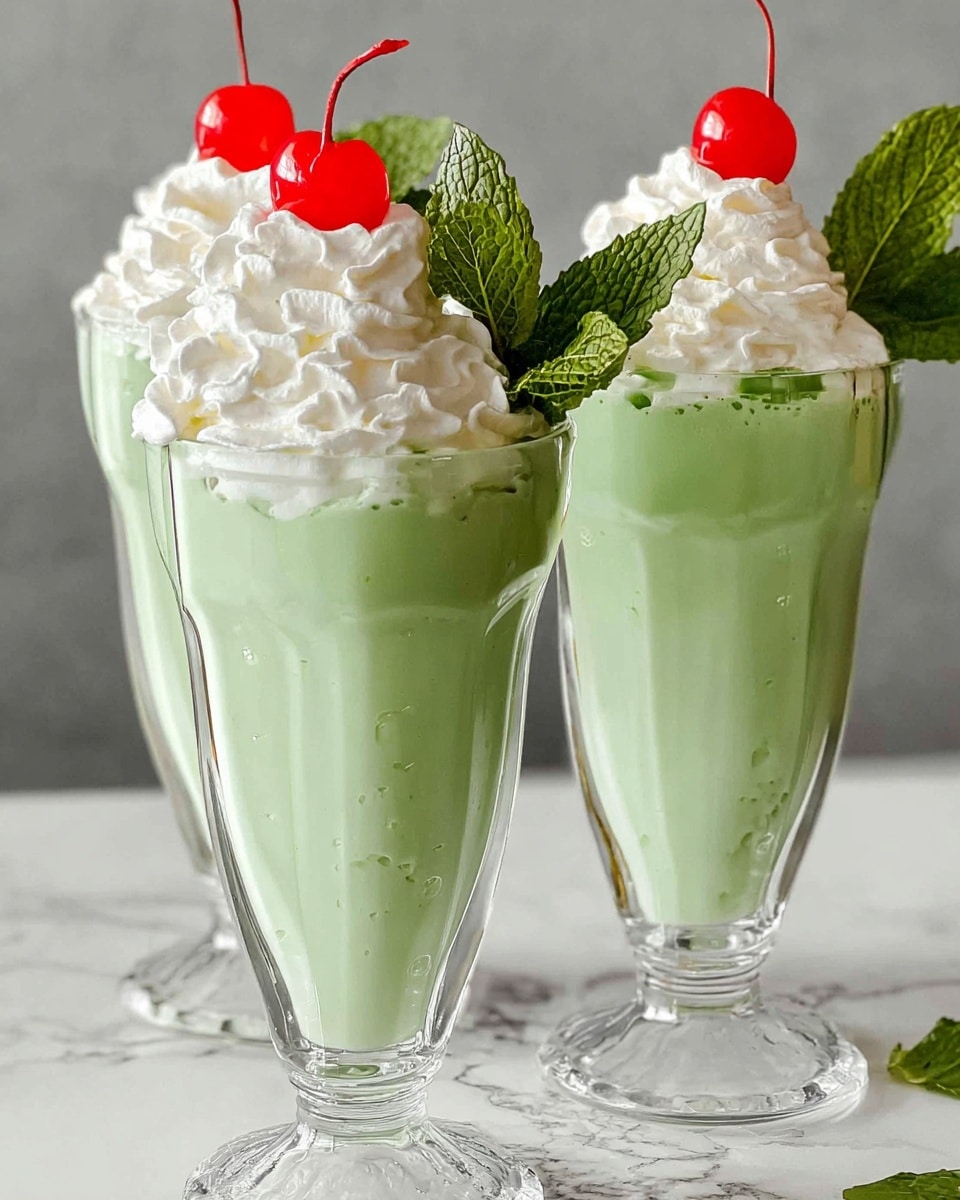 The image shows three tall clear glass sundae cups filled with a creamy light green milkshake. Each milkshake has one main layer of pale green drink topped with a large fluffy layer of white whipped cream that overflows the edges of the cup in soft swirls. On top of each whipped cream layer sits a bright red cherry, and a small fresh green mint leaf used as garnish. The glasses have a wavy rim and rest on thick round bases. Two metal spoons stand upright in the milkshakes. The setting is on a white marbled textured surface with a soft light enhancing the colors and textures. photo taken with an iphone --ar 4:5 --v 7