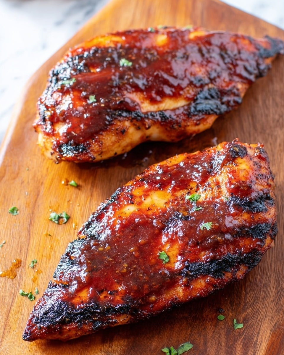 Two grilled chicken breasts lie on a wooden board with small bits of green garnish nearby. Each chicken breast has a golden-brown base layer with charred edges, topped by a thick, glossy layer of dark reddish-brown barbecue sauce that looks sticky and rich. The chicken surface shows slight grill marks and a textured look from cooking. The scene is set on a white marbled background. photo taken with an iphone --ar 4:5 --v 7