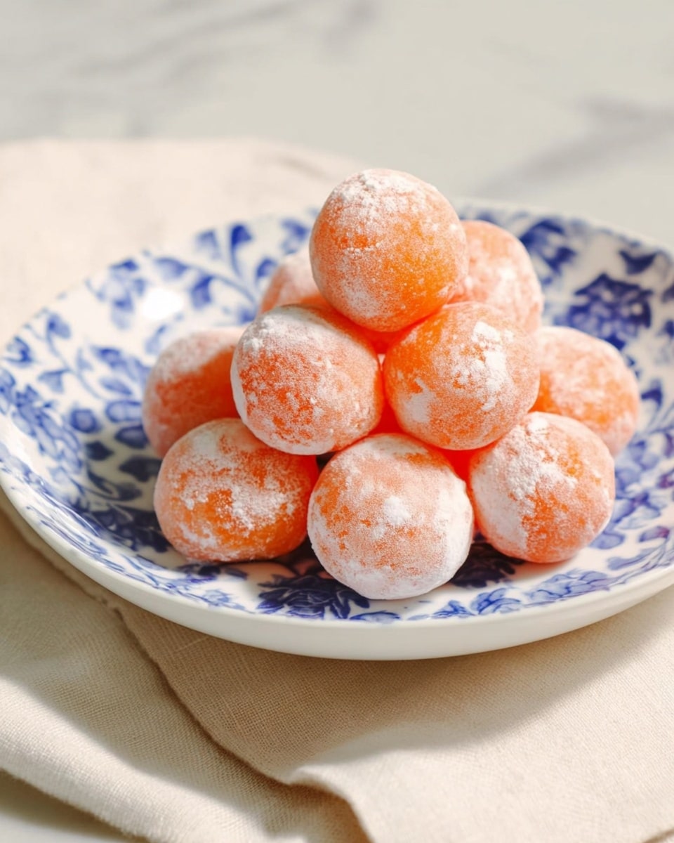 A white bowl with blue floral designs is filled with about ten round, orange-colored balls that have a light dusting of white powdered sugar all over them. The balls have a slightly uneven texture and are piled in a loose mound inside the bowl. The bowl is placed on a beige cloth napkin, all set on a white marbled surface. The photo taken with an iphone --ar 4:5 --v 7