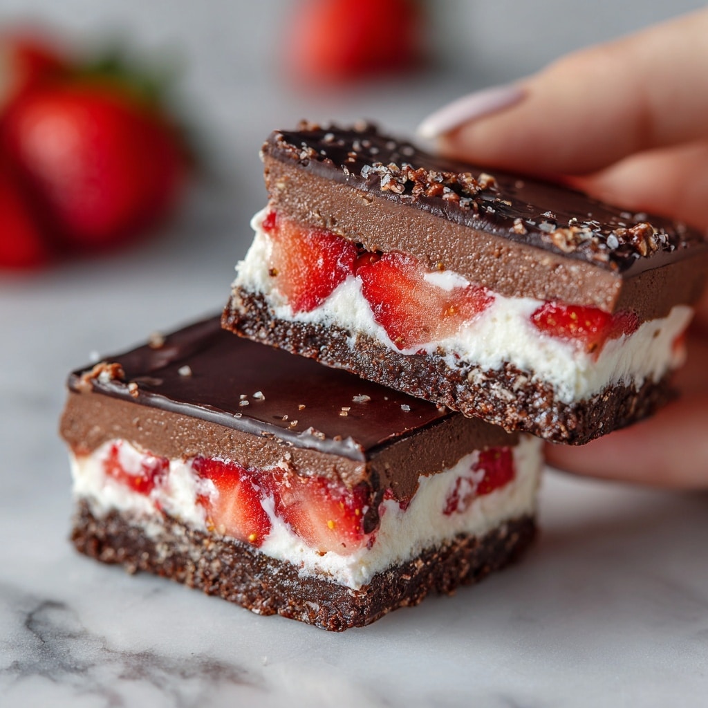 The image shows a close-up of a chocolate-covered dessert cut in half. The outer layer is dark brown chocolate with a rough texture. Inside, there are two layers: a thick white creamy layer and pieces of bright red strawberries mixed within the cream. The dessert rests on a white marbled surface with a few blurred strawberries in the back. The lighting highlights the glossy chocolate and the soft, fresh filling. Photo taken with an iphone --ar 4:5 --v 7