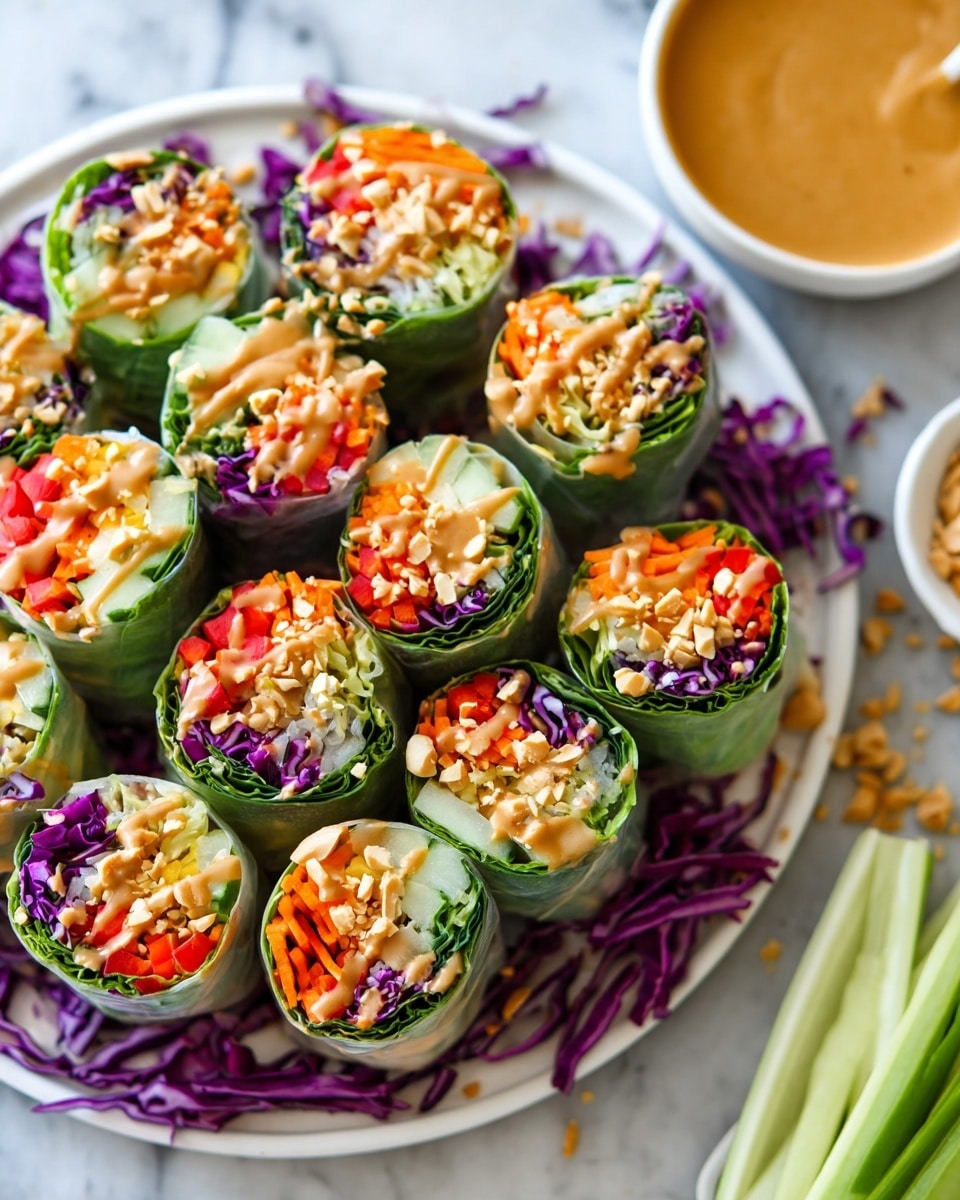 The image shows a white plate filled with many fresh spring rolls, each cut into bite-sized pieces. Each roll has at least five layers starting with bright green lettuce leaves wrapped tightly on the outside, followed by thin rice paper that holds small chopped pieces of orange carrots, purple cabbage, light green cucumbers, and red bell peppers inside. A light brown creamy sauce is drizzled on top of each roll, and crushed peanuts are sprinkled over the sauce. The plate is placed on a white marbled surface, surrounded by scattered purple cabbage shreds, cucumber sticks, and a small white bowl filled with crushed peanuts. Photo taken with an iphone --ar 4:5 --v 7