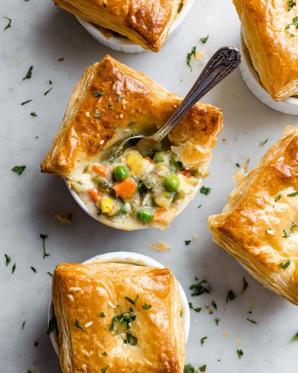 The image shows several small white bowls each topped with a golden brown puff pastry square that is slightly shiny and crisp with small green herbs sprinkled on top. The pastry covers a colorful filling of mixed vegetables and chunks of white meat visible in one bowl where a piece of pastry has been lifted, showing layers of green peas, orange carrots, yellow squash, and white meat inside. A silver spoon rests inside this opened bowl, and the bowls are placed on a white marbled surface with scattered herbs around. photo taken with an iphone --ar 4:5 --v 7