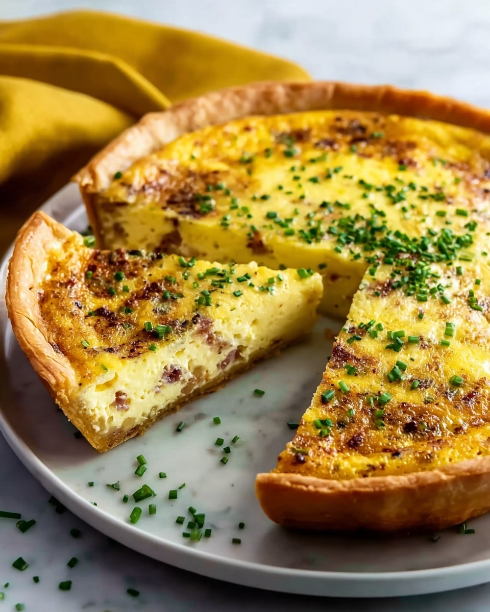 A golden brown quiche with a thick, fluffy middle layer filled with bits of browned sausage or bacon, topped with finely chopped green herbs scattered evenly across the surface and around the slice cut out, all resting on a crispy, flaky crust that is a darker golden color and sits on a white plate. The background has a white marbled texture with a soft yellow cloth slightly visible in the corner. Photo taken with an iphone --ar 4:5 --v 7