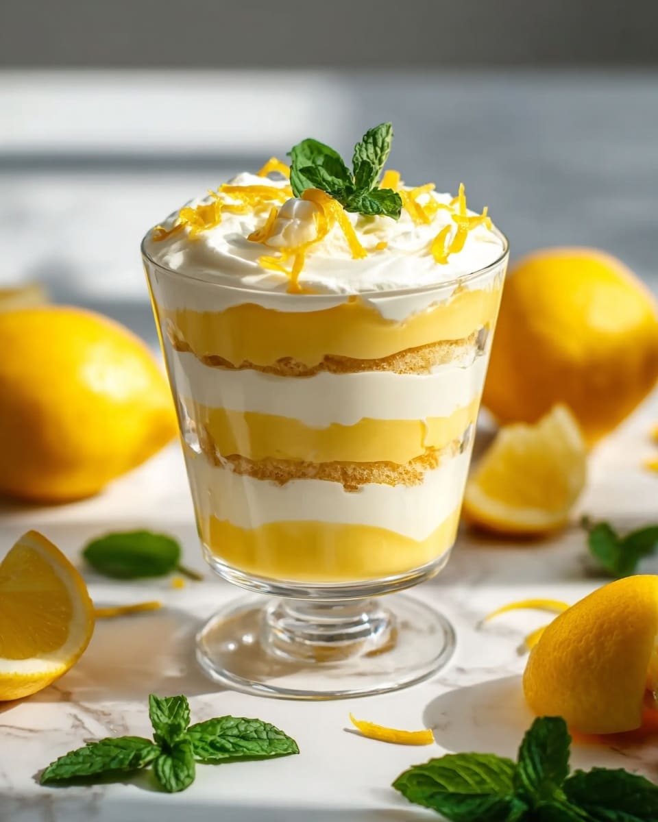 A clear glass cup contains a dessert with five distinct layers: the bottom layer is smooth yellow lemon curd, followed by a thick white cream layer, then a soft light brown biscuit layer in the middle, another thick white cream layer above the biscuit, and a final layer of white cream topped with shredded yellow lemon zest and a fresh green mint leaf as garnish. The glass sits on a white marbled surface with a blurred background of whole and halved bright yellow lemons and some green mint leaves, catching warm sunlight. photo taken with an iphone --ar 4:5 --v 7