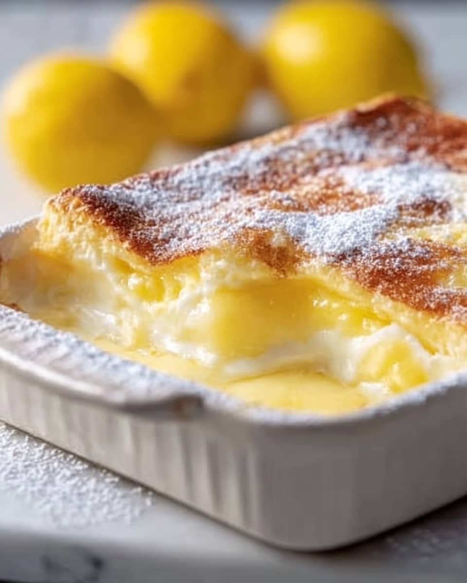 A white ceramic square baking dish holds a baked custard with a golden brown top layer that appears slightly crunchy with powdered sugar sprinkled over it. The custard inside is creamy and smooth, showing a rich yellow color with a soft texture visible from a corner scoop taken out. The dish is placed on a white marbled surface with blurred yellow lemons in the background. photo taken with an iphone --ar 4:5 --v 7