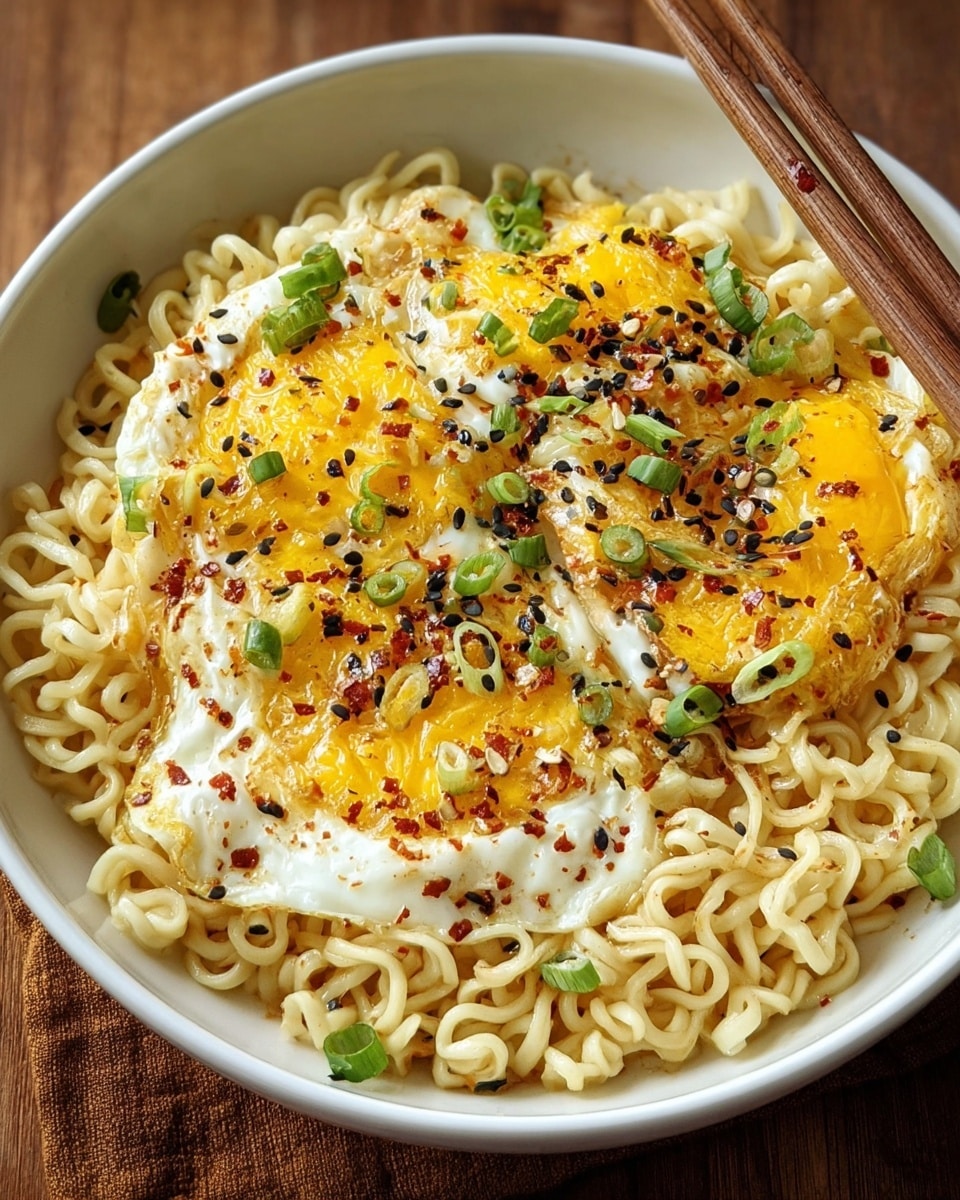 A white bowl filled with a bed of light beige, curly cooked instant noodles, topped with two fried eggs showing soft white and rich yellow yolk areas with some crisped golden brown edges. The eggs are sprinkled with small black sesame seeds, red chili flakes, and fresh green chopped scallions. The bowl rests on a wooden surface with a pair of wooden chopsticks beside it, and the whole scene is set on a white marbled texture. photo taken with an iphone --ar 4:5 --v 7