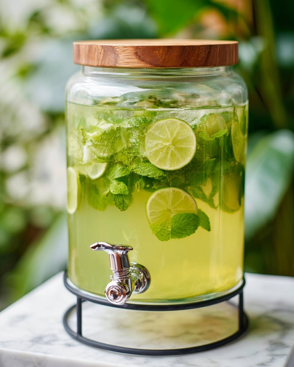 A large clear glass drink dispenser sits on a metal stand over a white marbled texture. Inside, the drink layers start with a pale yellow liquid at the bottom, followed by a mix of ice cubes floating in a light, translucent layer above. Interspersed throughout are bright green lime slices with detailed white centers and vibrant mint leaves, giving a fresh look. The dispenser is topped with a light wooden lid that contrasts with the cool colors inside. The metal faucet at the bottom stands out with a shiny silver finish. Photo taken with an iphone --ar 4:5 --v 7