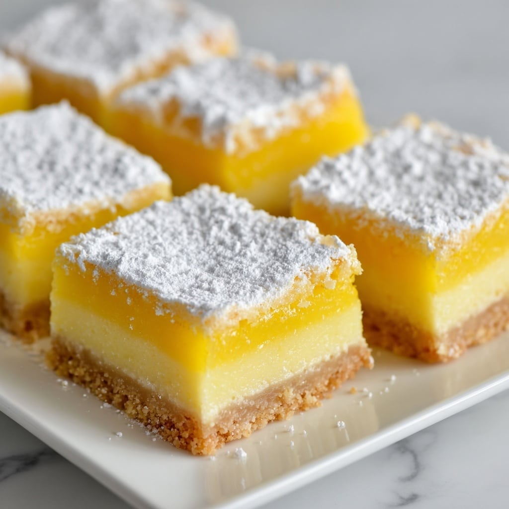 The image shows a close-up of lemon bars cut into square slices placed on a white plate on a white marbled surface. Each bar has three layers: a light golden, crumbly crust at the bottom; a thick, smooth, and bright yellow lemon filling in the middle; and a top layer dusted with a fine, white powdered sugar. The bars have clean edges, showing the clear separation of each layer, and the overall look is fresh and inviting. photo taken with an iphone --ar 4:5 --v 7