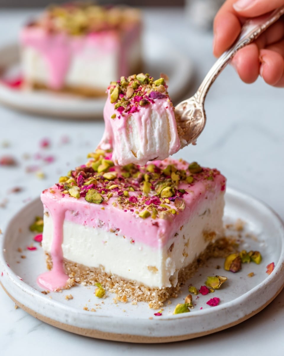 A square dessert with three visible layers sits on a white plate. The bottom layer is light beige and looks dense, the middle layer is white and creamy, and the top layer is bright pink with a smooth, glossy texture that drips down the sides. The dessert is topped with small green and pink pieces, likely crushed nuts or candy, scattered evenly across the pink layer. A woman's hand holding a gold spoon lifts a piece of the dessert, showing the creamy white inside. The background is a white marbled surface. photo taken with an iphone --ar 4:5 --v 7