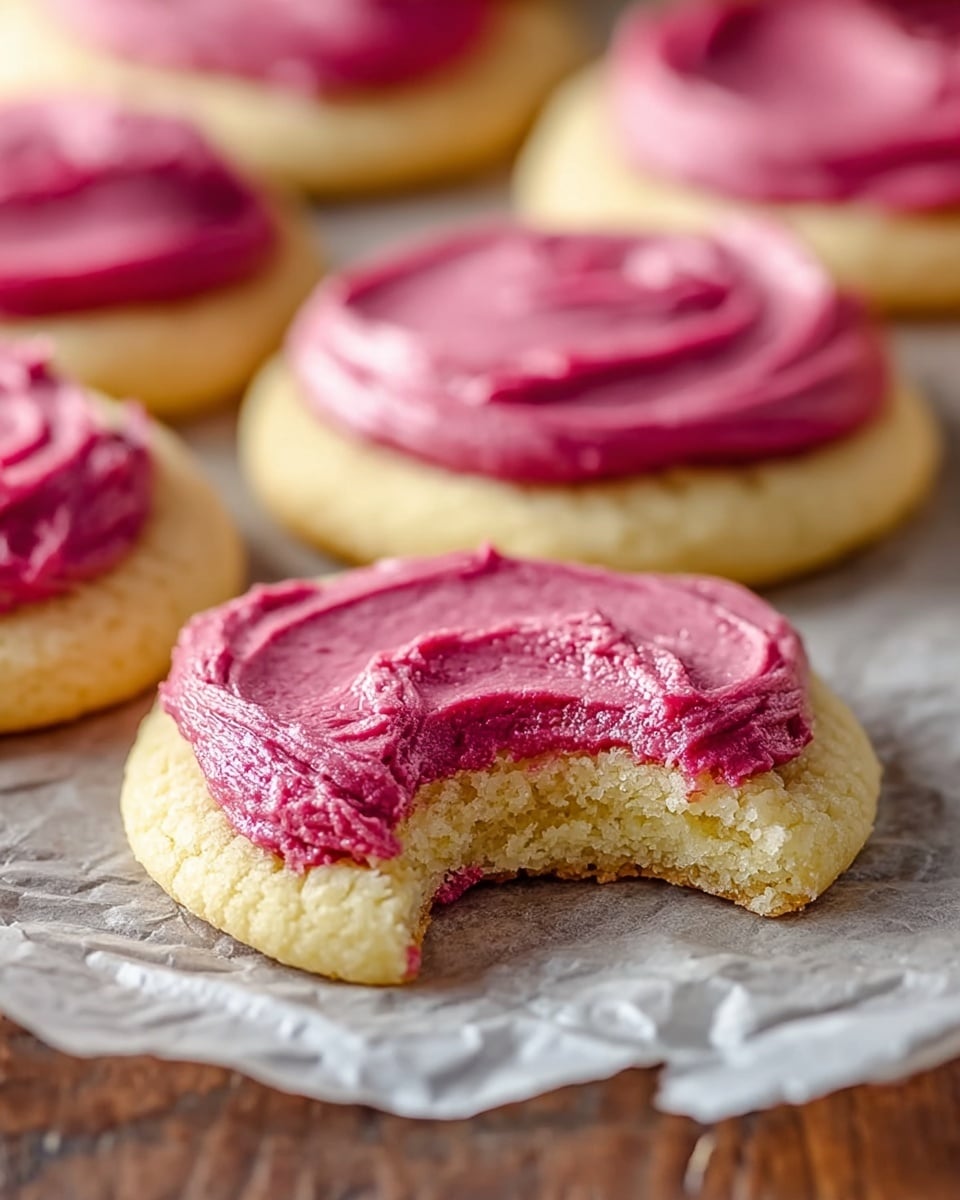 A close-up of soft, round sugar cookies each with one thick layer of bright pink frosting spread on top. The cookie base is light golden with a crumbly texture, and the frosting looks creamy and swirled with smooth ridges. The front cookie has a bite taken out, showing a soft, moist inside with small crumbs. The cookies rest on light brown parchment paper on a wooden surface. The background is softly blurred, with more cookies visible. photo taken with an iphone --ar 4:5 --v 7