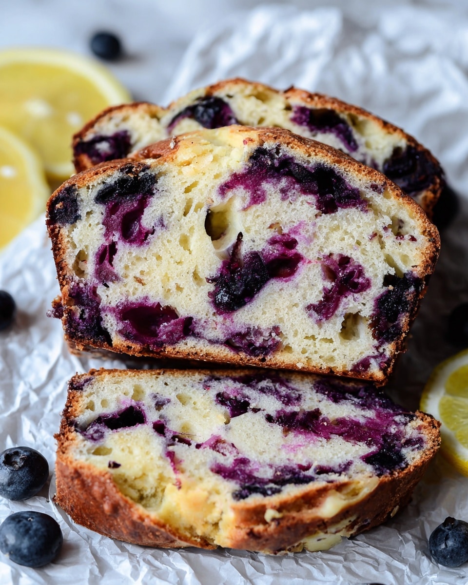 Two slices of bread with a light golden brown crust and a soft, airy inside filled with swirls of deep purple berries are placed close together on crumpled white paper over a white marbled surface. The bread shows inside layers of creamy beige dough with dark purple blueberry spots spread evenly. Near the bread slices are bright yellow lemon halves and a few fresh whole blueberries, adding fresh color to the scene. The photo taken with an iphone --ar 4:5 --v 7