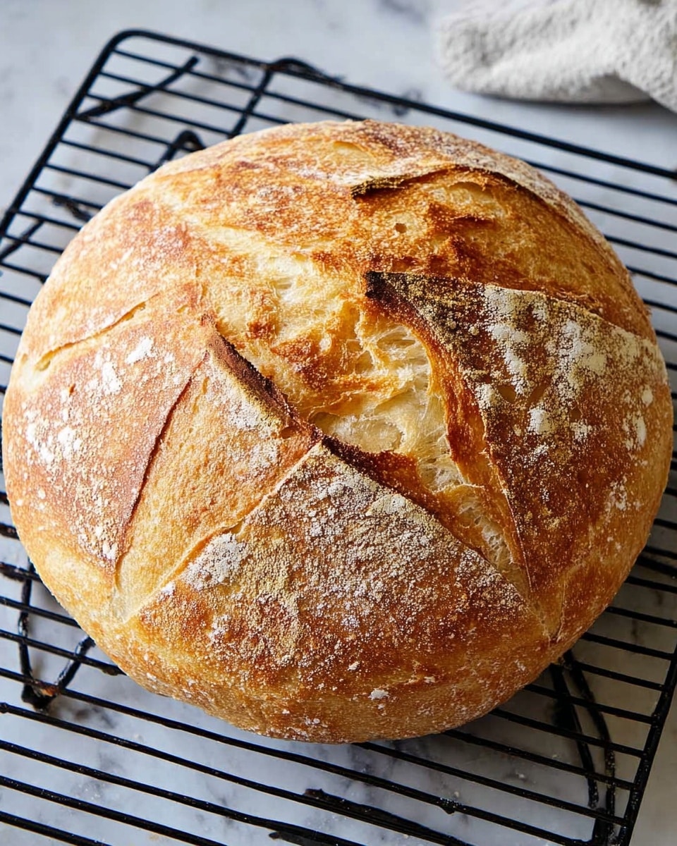The image shows a round loaf of bread with a golden-brown crust and a slightly pale center on top. It has deep, jagged slash marks forming an X pattern across the surface, revealing the airy texture inside. The crust looks crisp with some darker browned edges near the cuts, and there are small patches of flour dusting on the loaf. The bread is resting on a black wire cooling rack, which sits atop a white marbled textured surface. Photo taken with an iphone --ar 4:5 --v 7
