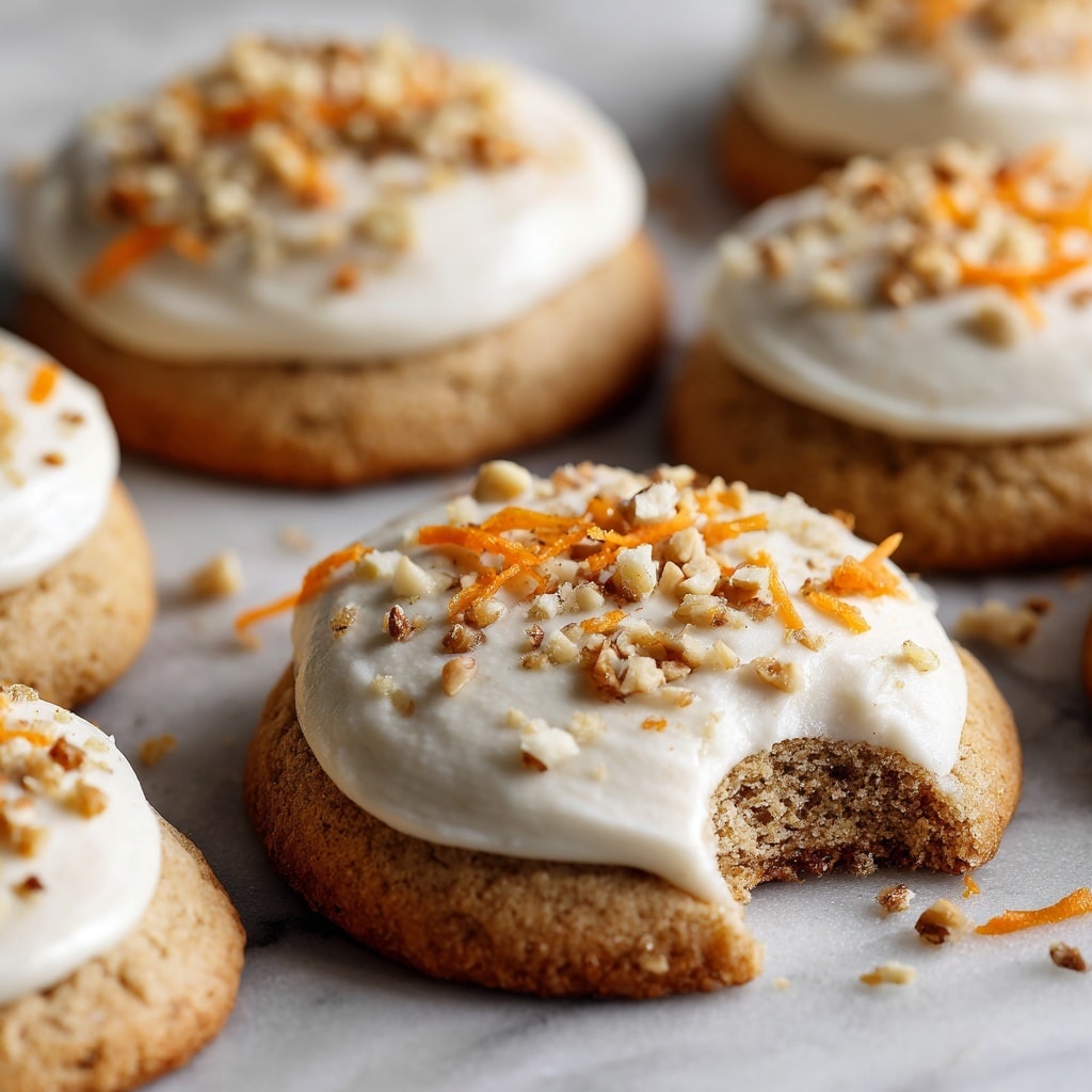 The image shows a close-up of several soft cookies on a white marbled surface, each cookie topped with a thick layer of creamy white frosting. On top of the frosting, there are small pieces of chopped nuts scattered evenly, adding a rough texture and a light brown color. One cookie in the center is slightly stacked on another and has a bite taken out of it, revealing a moist, dense interior with a warm golden-brown color. Around the cookies, there are small orange shreds that look like carrot pieces, giving a bright contrast to the neutral tones of the cookies and frosting. Photo taken with an iphone --ar 4:5 --v 7