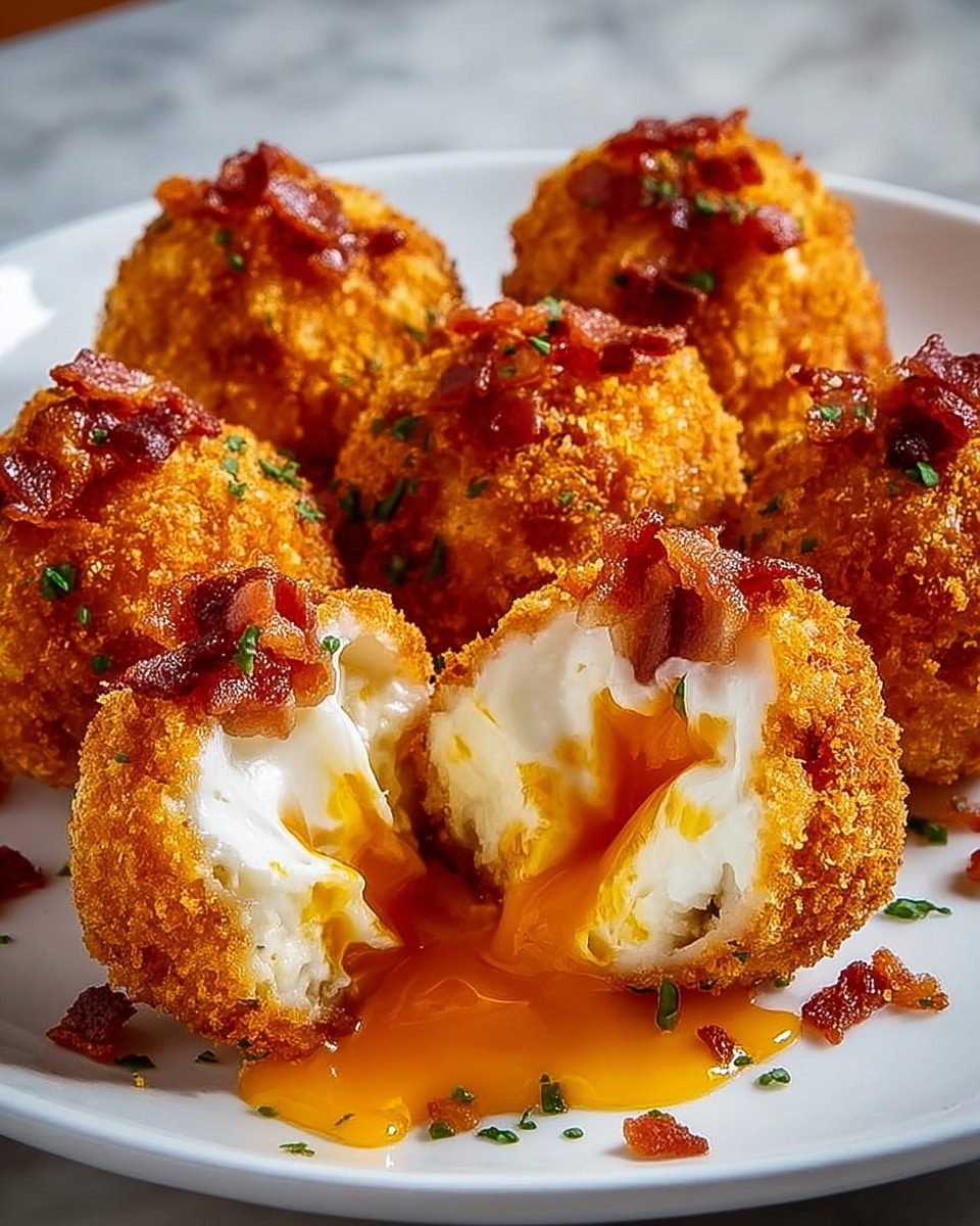 A white plate holds six golden brown fried balls with a crispy textured outer layer, each topped with small pieces of red-brown bacon bits and green herbs. The front ball is cut open, revealing a smooth white creamy layer inside, enveloping a vibrant orange gooey yolk that flows out slightly onto the plate. The balls are arranged close together, showcasing their crunchy, golden exterior contrasting with the soft, creamy interior. The plate sits on a white marbled surface. photo taken with an iphone --ar 4:5 --v 7