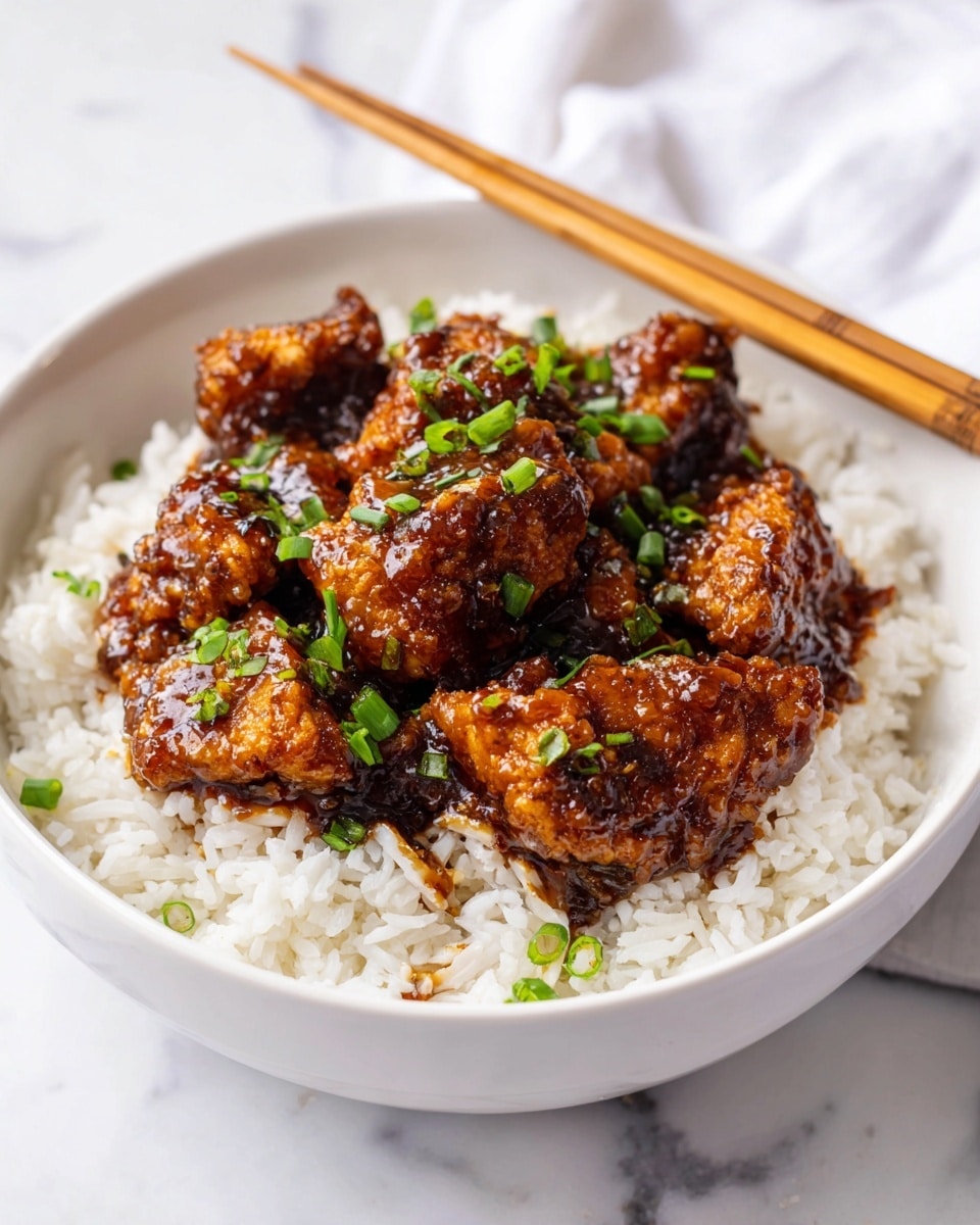 A white plate with a black patterned rim holds a layer of white cooked rice spread evenly at the bottom. On top, there is a thick layer of golden-brown battered chicken pieces covered in a shiny, dark reddish-brown sauce. The chicken is garnished with sliced green onions scattered across the top. A pair of light brown wooden chopsticks rests beside the plate, on a white cloth napkin. The whole setup is placed on a white marbled surface. photo taken with an iphone --ar 4:5 --v 7