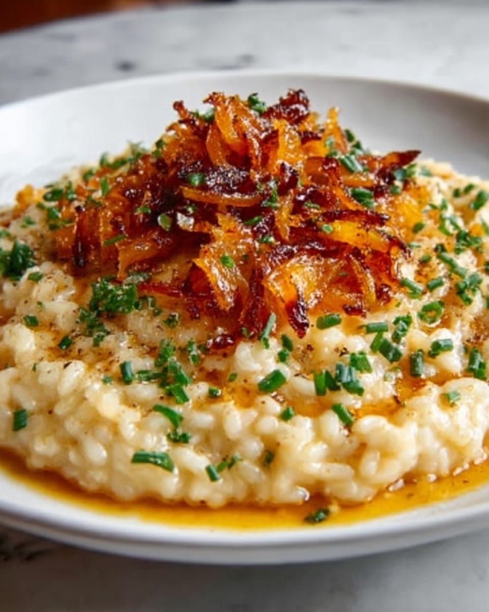 The dish shows a white plate filled with creamy risotto, visible as a soft, thick layer of pale beige rice at the bottom. On top, there is a generous pile of golden-brown caramelized onions that look slightly crispy, adding texture and color contrast. Around the onions, small chopped green herbs are scattered lightly, giving fresh pops of color. A drizzle of amber-colored oil or sauce shines on the edges and some on the risotto itself. The background is a white marbled texture. photo taken with an iphone --ar 4:5 --v 7