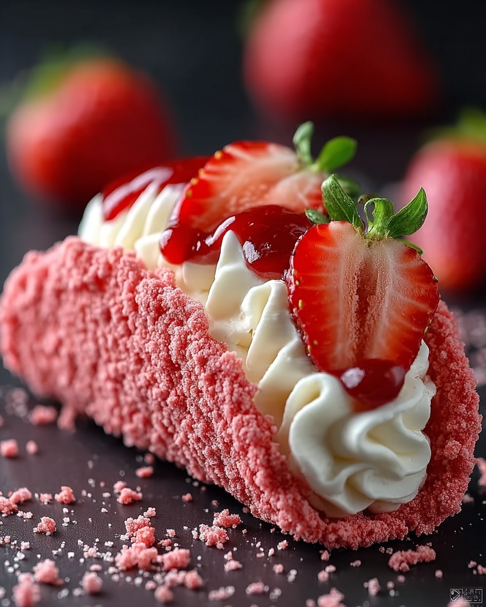The image shows a dessert taco with three layers, placed on a black surface with scattered crumbs around. The base layer is a crunchy pink shell made of crushed crumbs, shaped like a taco shell and curving upwards. Inside, there is a thick layer of smooth white cream filling, piped in soft swirls that almost overflow the shell. On top of the cream is a glossy red strawberry sauce, spread in a small amount but clearly visible. To finish, two halves of a fresh red strawberry with green leaves sit on the top, positioned at the end of the taco shell. The background is softly blurred. photo taken with an iphone --ar 4:5 --v 7