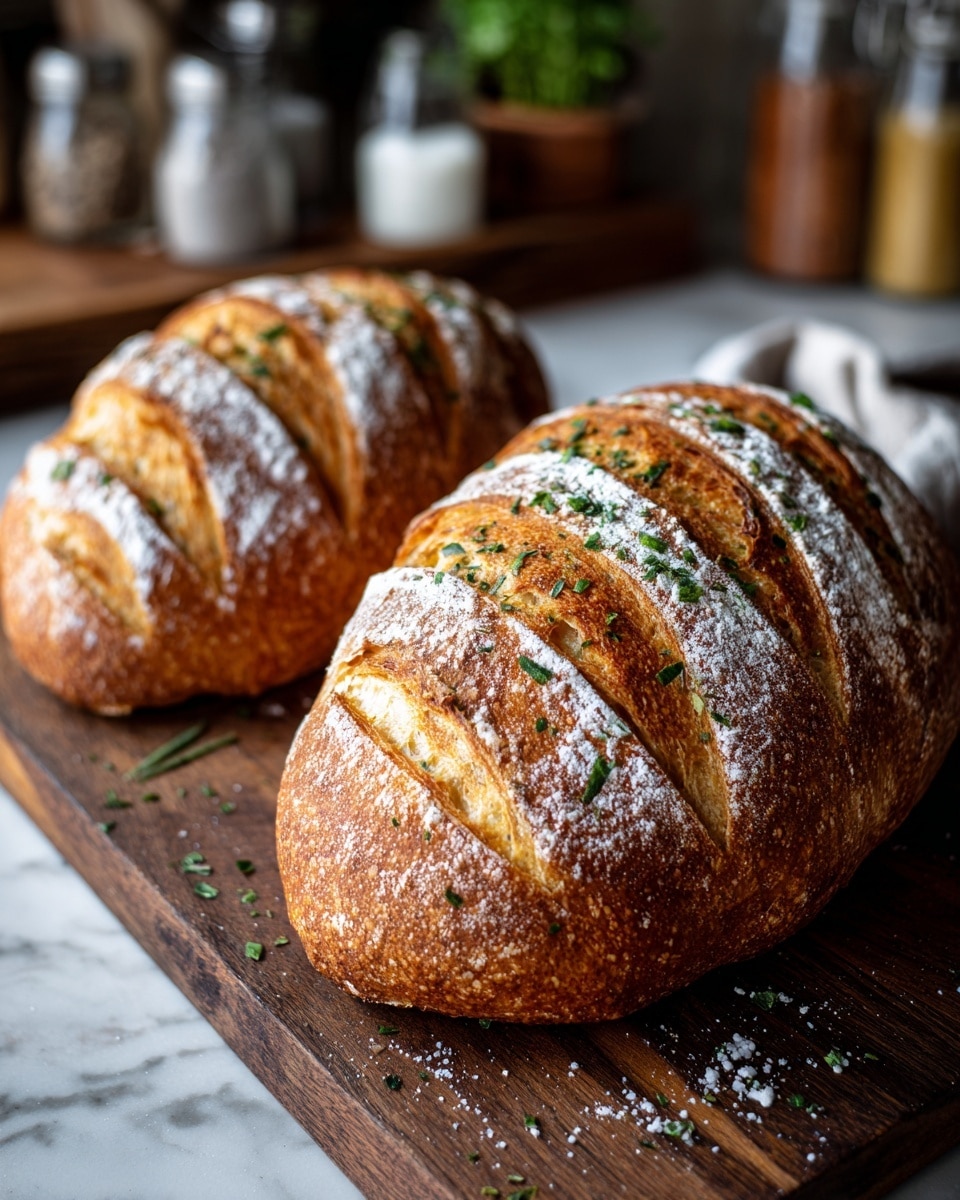 Two golden brown rustic loaves of bread rest on a dark wooden board, each loaf showing three deep diagonal cuts on top with white flour dusted inside these slashes. The crust is crispy with scattered green herbs sprinkled over the surface, giving a fresh contrast to the warm tones of the bread. The background is softly blurred with warm, cozy kitchen items. The scene sits on a white marbled texture surface. photo taken with an iphone --ar 4:5 --v 7