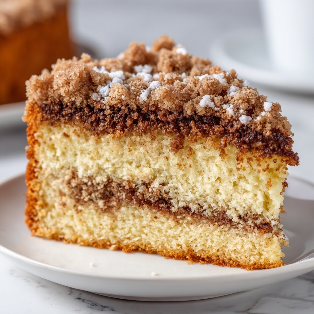 A close-up view of a slice of crumb cake on a white plate, placed on a white marbled surface. The cake has two main layers: a soft, light beige sponge cake layer at the bottom with a moist and fluffy texture, and a thick, crumbly dark brown cinnamon sugar layer on top, sprinkled with small crunchy crumbs and bits of white sugar crystals. The edges of the cake appear slightly browned and caramelized, adding a textured contrast between the moist inside and the crumbly top. Photo taken with an iphone --ar 4:5 --v 7