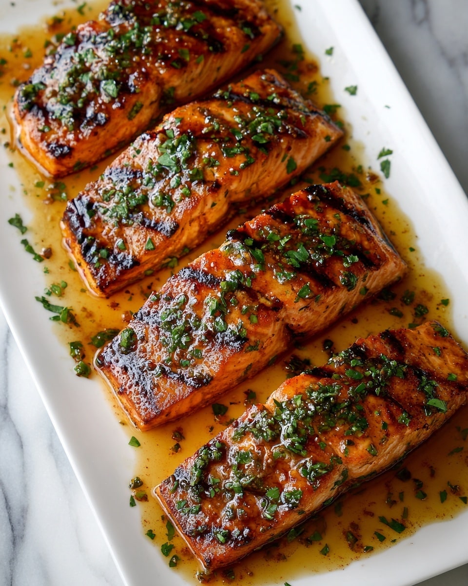 Three grilled salmon fillets with golden brown crusts are placed side by side on a long white plate filled with a shiny, light brown sauce. Each fillet is topped with small green parsley leaves, adding a fresh touch to the warm, rich colors. The sauce has a smooth texture with some small bits of herbs or spices floating in it. The plate sits on a white marbled surface. photo taken with an iphone --ar 4:5 --v 7