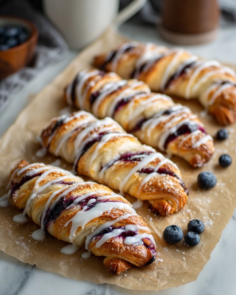 The image shows a close-up of a braided pastry with five visible thick layers of golden brown dough twisted together. Inside the dough layers, there is a deep purple blueberry filling that contrasts with the light dough. The pastry is drizzled with white icing generously spread over the top, creating thin lines flowing down the sides. There are a few fresh blueberries near the bottom left of the pastry on a piece of parchment paper. The background is blurred but shows a white marbled texture surface. Photo taken with an iphone --ar 4:5 --v 7