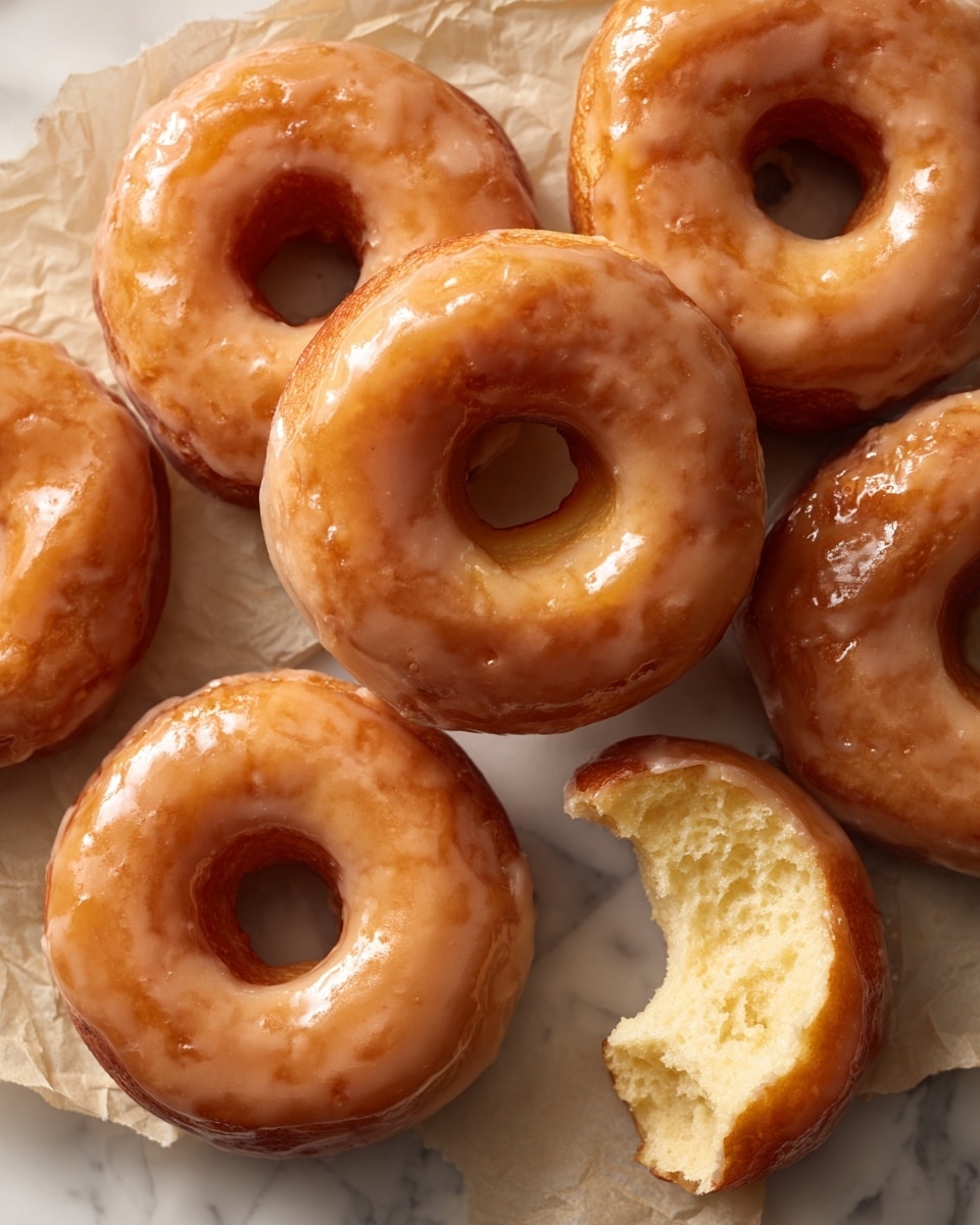 The image shows seven glazed donuts placed closely together on a crinkled parchment paper over a white marbled texture. Each donut has a smooth, shiny glaze coating with a light golden brown color on top and a slightly softer beige color on the sides. One donut at the top right is bitten into, showing a fluffy, airy inside with small holes and a soft texture. The glaze reflects light softly, making the donuts look fresh and moist. photo taken with an iphone --ar 4:5 --v 7