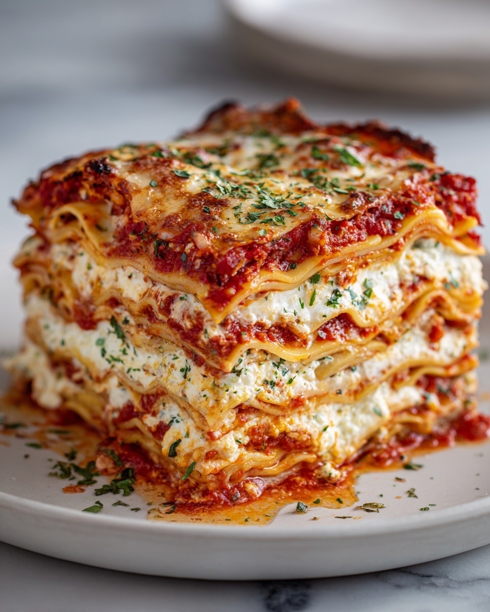 The image shows a thick slice of lasagna on a white plate, placed on a white marbled surface. The lasagna has multiple layers: a bottom layer of slightly browned pasta, a rich red tomato sauce with ground meat above it, a creamy white cheese layer filled with some herbs, another pasta layer, more tomato sauce mixed with melted cheese, and a top layer of golden-browned melted cheese with small green herb sprinkles. Some sauce and cheese are melting and dripping slightly onto the plate, giving it a fresh, hot look. The photo taken with an iphone --ar 4:5 --v 7