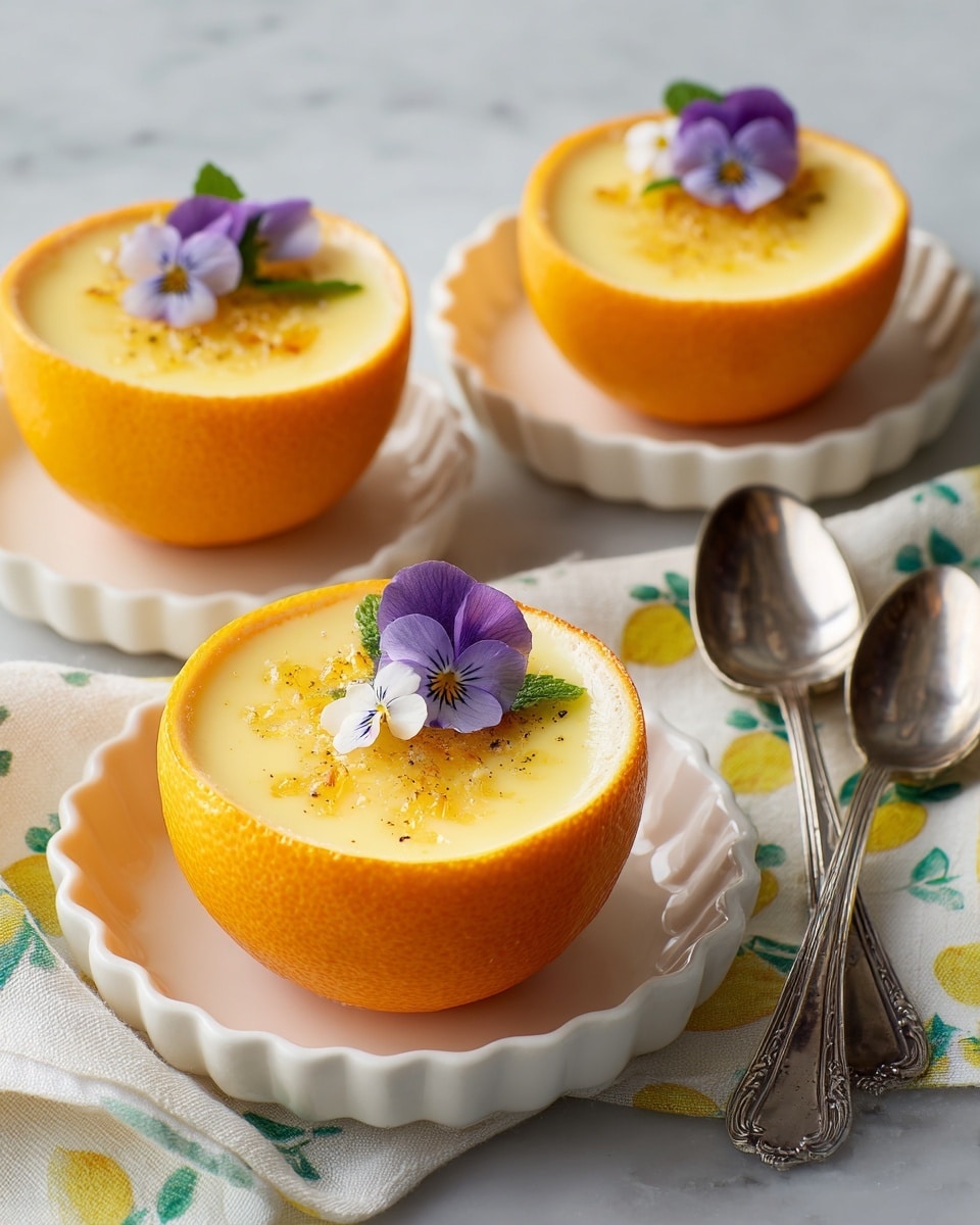 Three round dessert bowls made from hollowed orange halves sit on white scalloped plates, each filled with a pale yellow custard that has a light brown caramelized top in the center. Each custard is decorated with a small purple and white edible flower on the edge. Above the bowls is a white cloth napkin printed with green leaves and bright yellow lemons, resting partly on the smooth white marbled surface. Two shiny silver spoons lie on the napkin, overlapping slightly. photo taken with an iphone --ar 4:5 --v 7