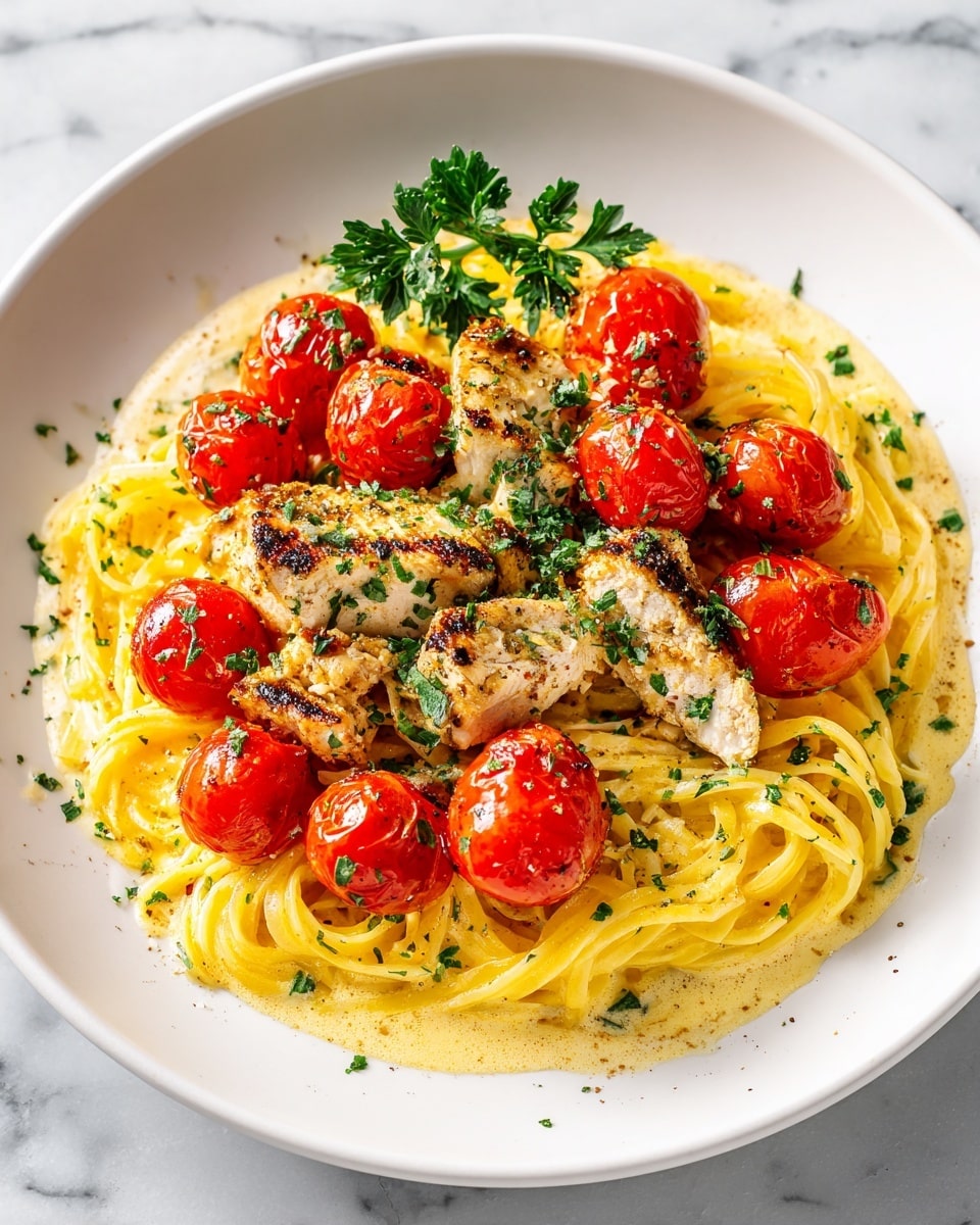 A white plate holds a serving of creamy pasta layered with golden-yellow fettuccine noodles at the base, topped with browned, spiced chicken pieces that have a slightly crispy texture. Scattered among the chicken and pasta are whole, bright red cherry tomatoes with a glossy finish, adding pops of color. Fresh green parsley leaves are sprinkled on top, adding a touch of freshness and contrast. The dish is presented on a white marbled surface, enhancing the vibrant colors of the food. photo taken with an iphone --ar 4:5 --v 7