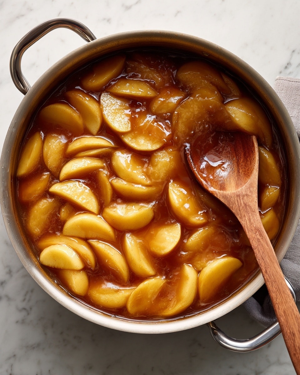 A pot filled with soft, sliced apples cooked in a thick, golden caramel sauce that covers the apples evenly. A wooden spoon is stirring the mixture, showing the shiny texture of the caramel and tender apples. The pot sits on a white marbled surface. The colors are warm brown and light yellow from the cooked apples and caramel sauce. Photo taken with an iphone --ar 4:5 --v 7