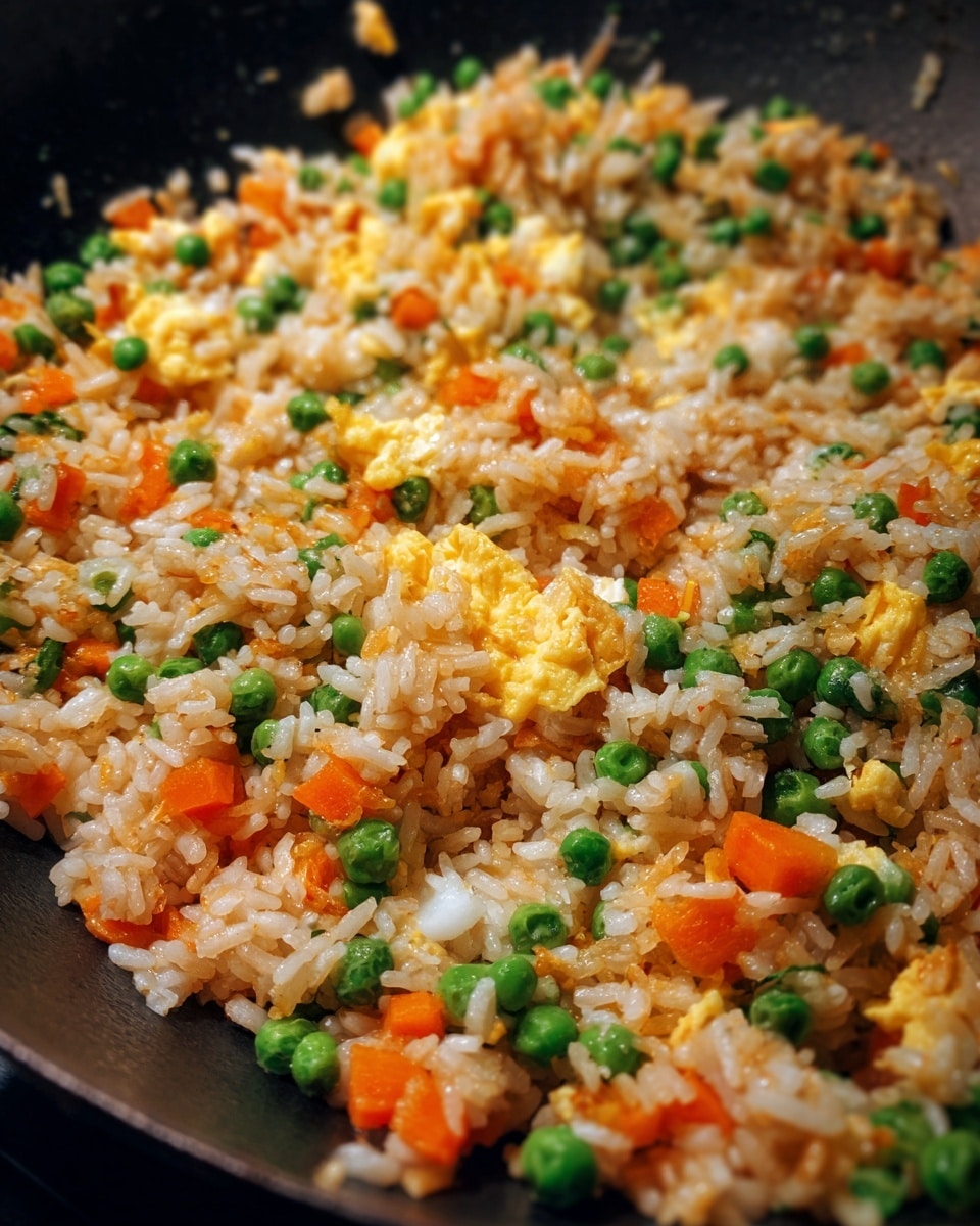 A close-up image of fried rice inside a black cooking pan, showing one layer with light brown cooked rice mixed with bright green peas, small orange carrot cubes, and bits of scrambled yellow egg scattered evenly throughout. The rice grains have a slightly oily shine and soft texture. The pan edges frame the food lightly and the background shows a subtle white marbled surface. photo taken with an iphone --ar 4:5 --v 7