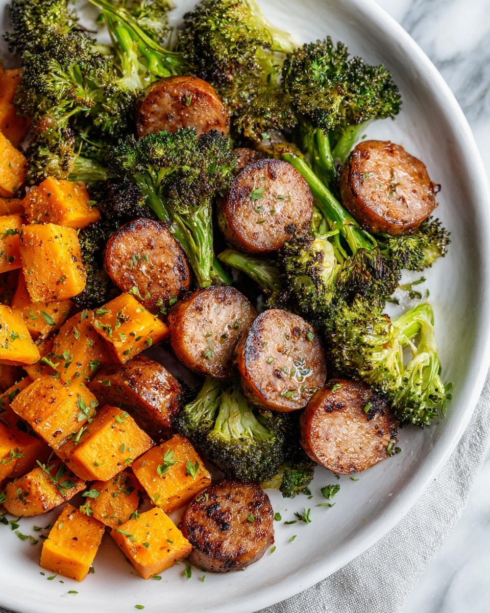 The dish features a single layer of roasted vegetables and sausage on a white plate, placed on a white marbled texture. The vegetables include bright green broccoli florets with slightly charred edges, golden-brown roasted cubes of sweet potato, and caramelized Brussels sprouts pieces in shades of green and light brown. Mixed throughout are sliced sausage pieces, browned on the outside with a glossy, slightly oily texture and a pinkish interior. Small bits of chopped green herbs are sprinkled on top, adding a fresh touch. The dish looks warm, colorful, and savory. photo taken with an iphone --ar 4:5 --v 7