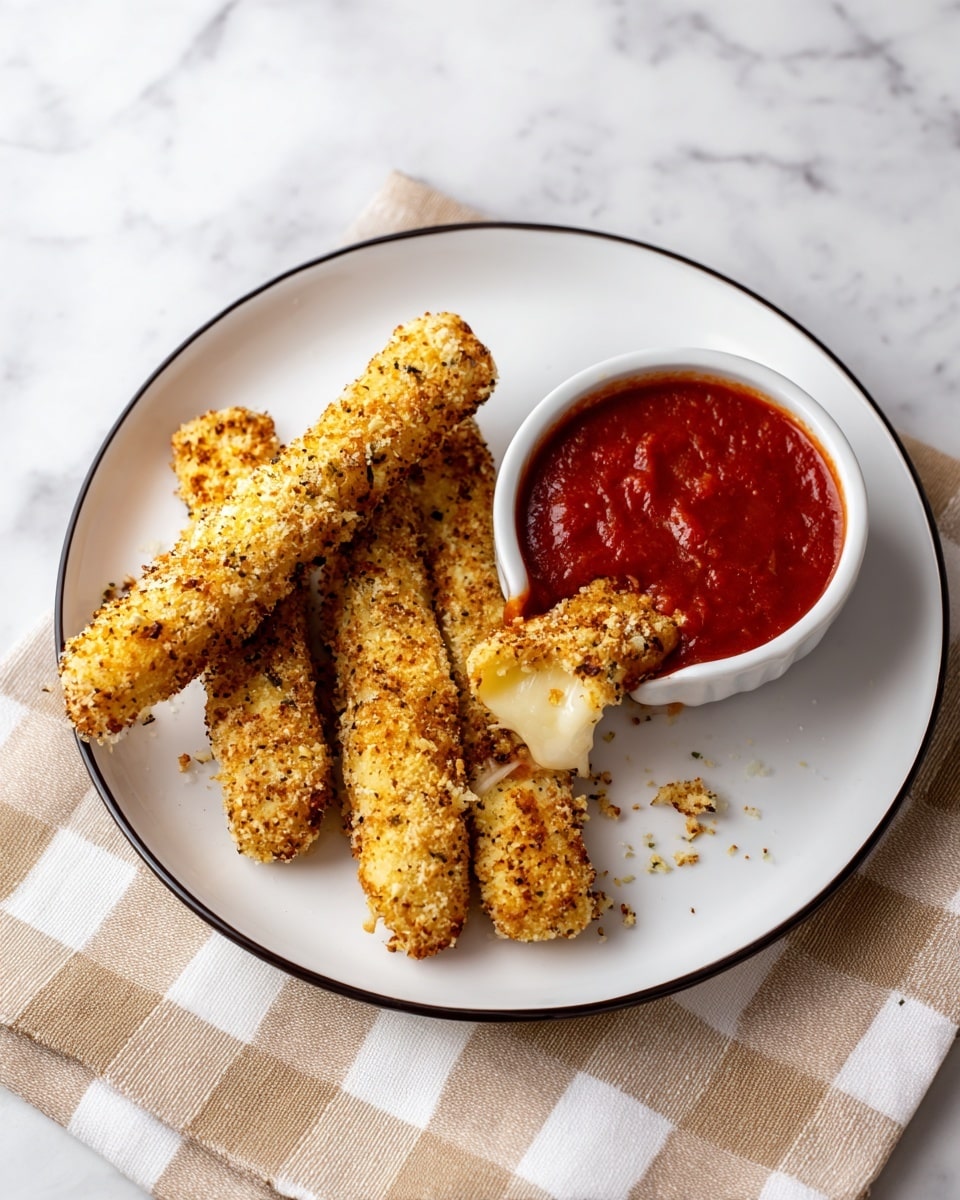 Three breaded and baked cheese sticks with a golden, crumbly crust sit on a white plate with a black rim, arranged next to a small white bowl filled with thick red marinara sauce. One cheese stick is partially dipped into the sauce, showing melted cheese oozing slightly from the crispy coating. The plate rests on a light green checkered cloth napkin, all set on a white marbled surface. Small crumbs scattered around add texture to the scene. Photo taken with an iphone --ar 4:5 --v 7