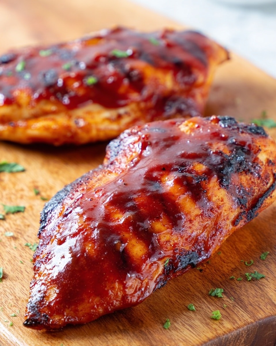 Two grilled chicken breasts are placed on a wooden board with a glossy, rich reddish-brown barbecue sauce coating each piece unevenly, showing some charred and crispy edges. The surface of the chicken has a mix of darker and lighter grilled spots with a shiny, sticky sauce layer on top, highlighting the juicy texture. Small bits of green garnish are scattered lightly around the chicken on the wooden board. The photo is taken on a white marbled texture. photo taken with an iphone --ar 4:5 --v 7