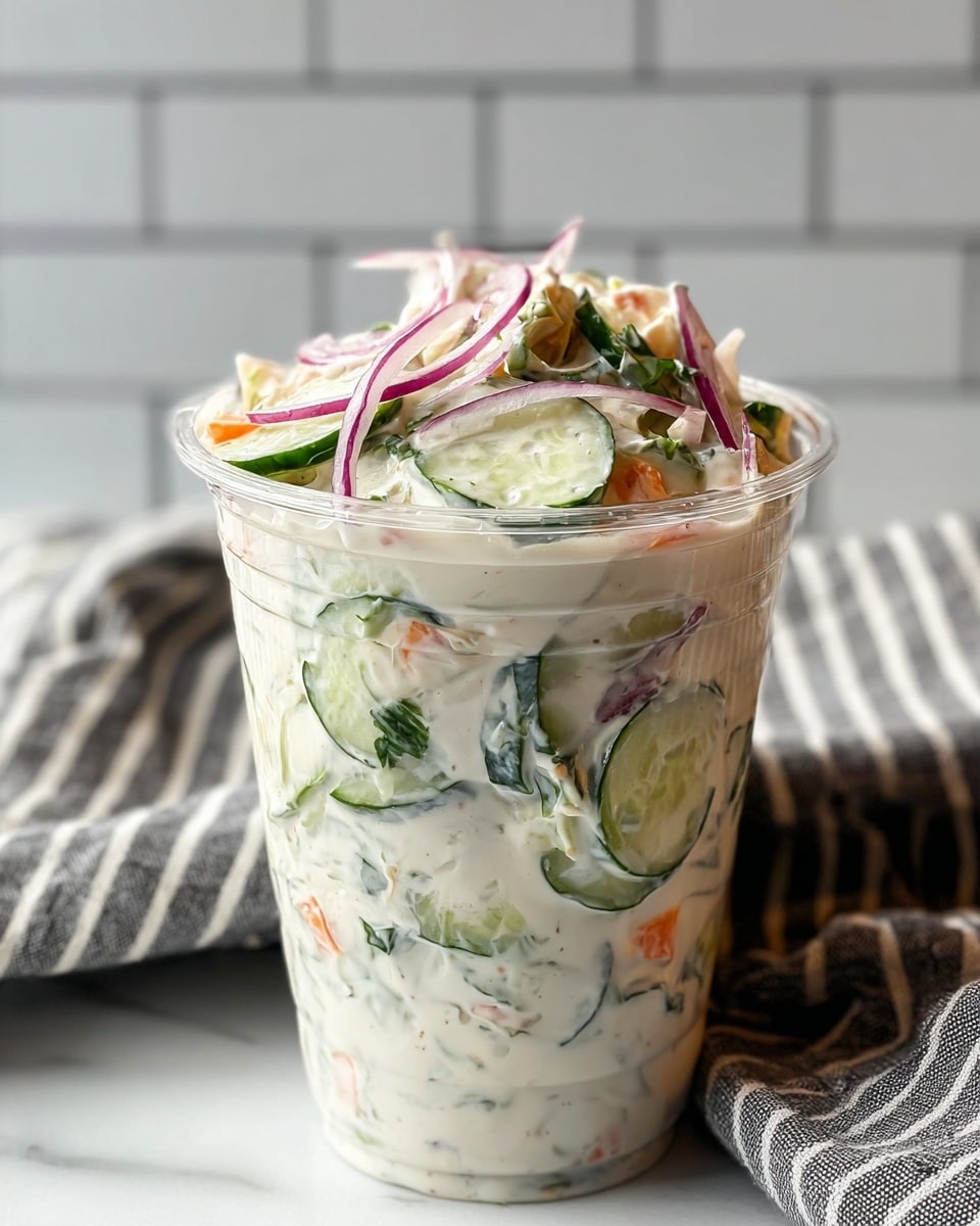 A clear plastic cup filled with a creamy cucumber salad layered with thin slices of green cucumber, light orange carrot bits, and thin, purple-red onion strips mixed in white creamy dressing, showing a mix of textures from smooth to crunchy; the cup is placed on a white marbled surface, next to a gray and white striped cloth, and the background shows light gray tiles. photo taken with an iphone --ar 4:5 --v 7