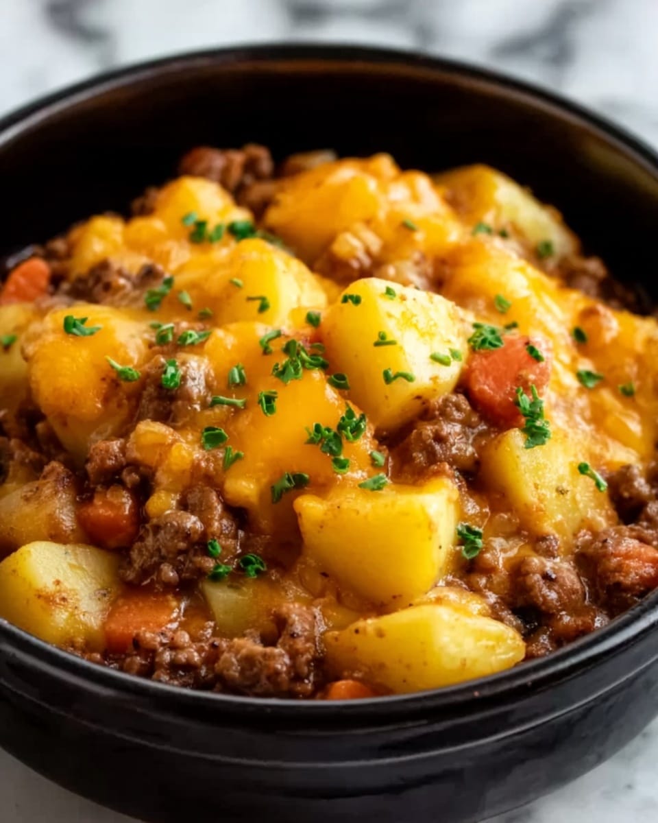 A close-up view of a black bowl filled with a layered dish featuring chunky yellow potatoes on top, covered with melted orange cheddar cheese. Below the cheese layer is a mix of brown ground beef and beans with some orange carrot pieces mixed in. The dish is sprinkled with small green herb leaves for garnish. The bowl sits on a white marbled surface. photo taken with an iphone --ar 4:5 --v 7