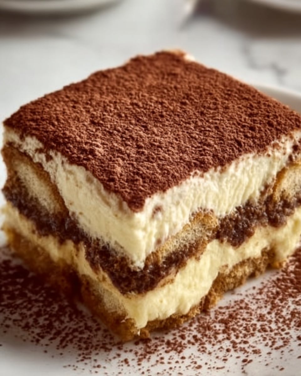 The image shows a close-up of a square piece of tiramisu on a white plate, placed on a white marbled surface. The bottom layer is a light brown soaked ladyfinger, topped by a thick creamy light yellow mascarpone layer. Above that, there is a dark brown soaked ladyfinger layer followed by another creamy mascarpone layer. The top is dusted evenly with fine cocoa powder, creating a smooth dark brown surface. Some cocoa powder is scattered lightly around the base of the tiramisu on the plate, giving it a neat, fresh look. Photo taken with an iphone --ar 4:5 --v 7